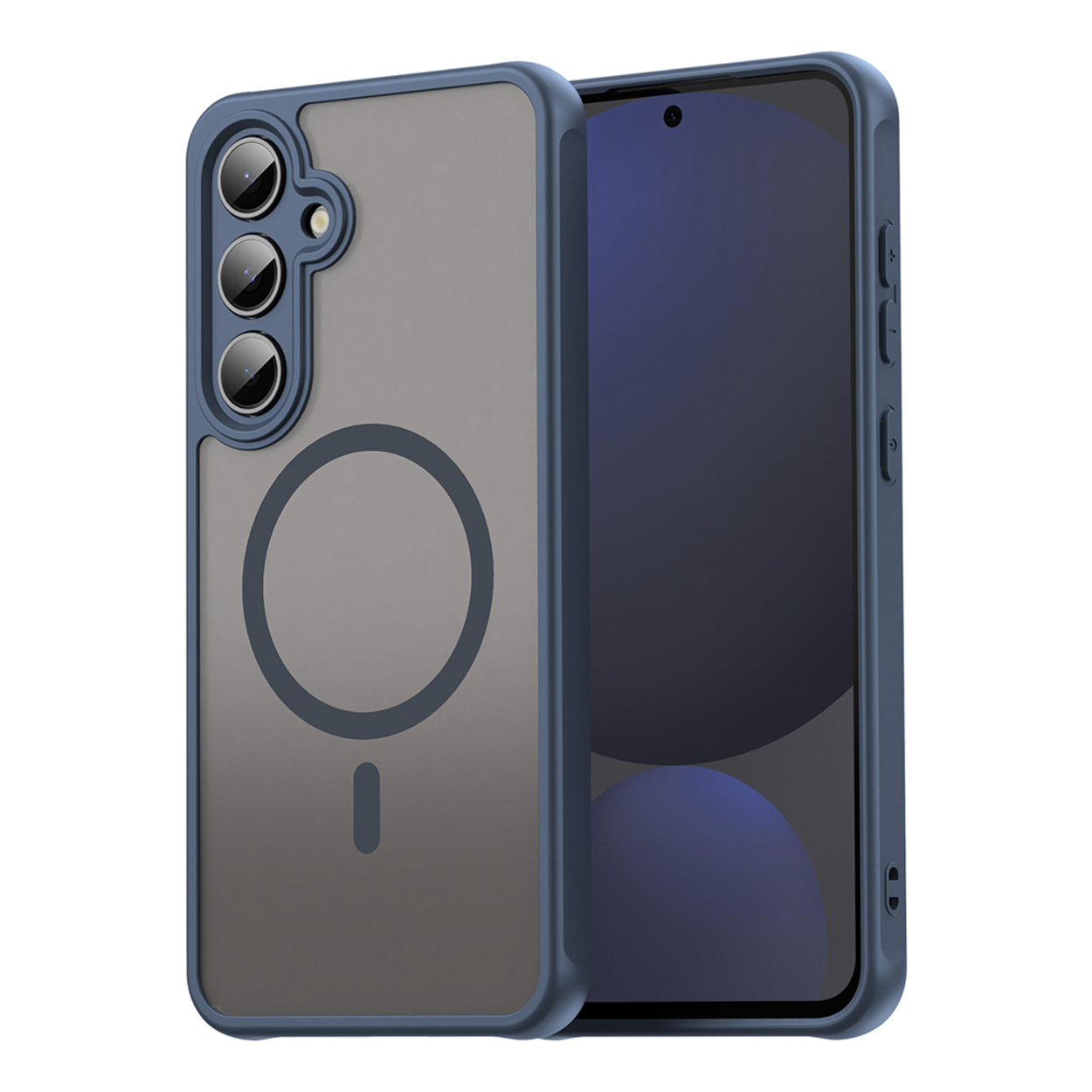 Un étui de téléphone bleu avec un dos transparent et un design circulaire est montré, couvrant partiellement un téléphone.