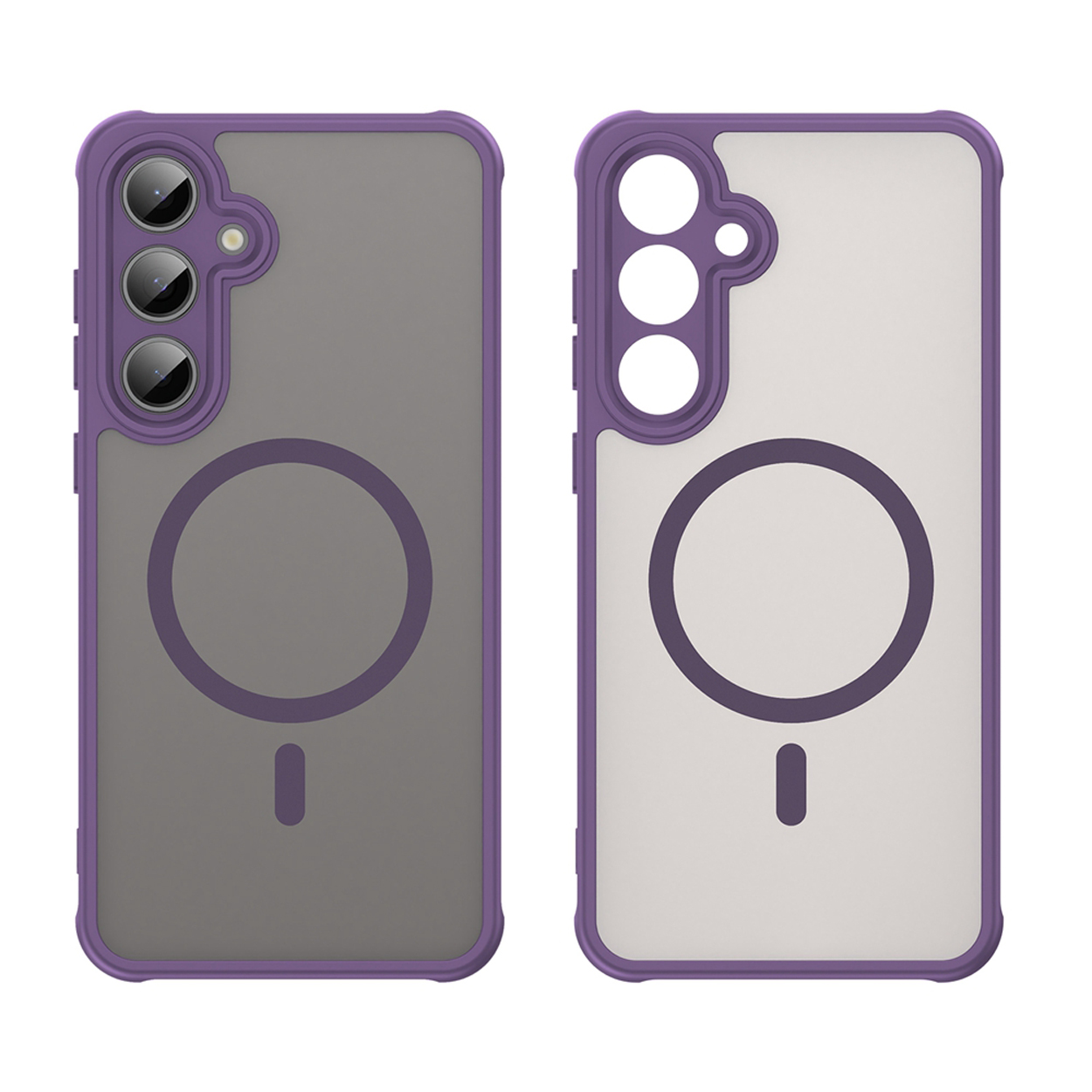 Deux coques de téléphone côte à côte, violettes et grises. Chacune présente un cercle magnétique et des découpes pour la caméra.