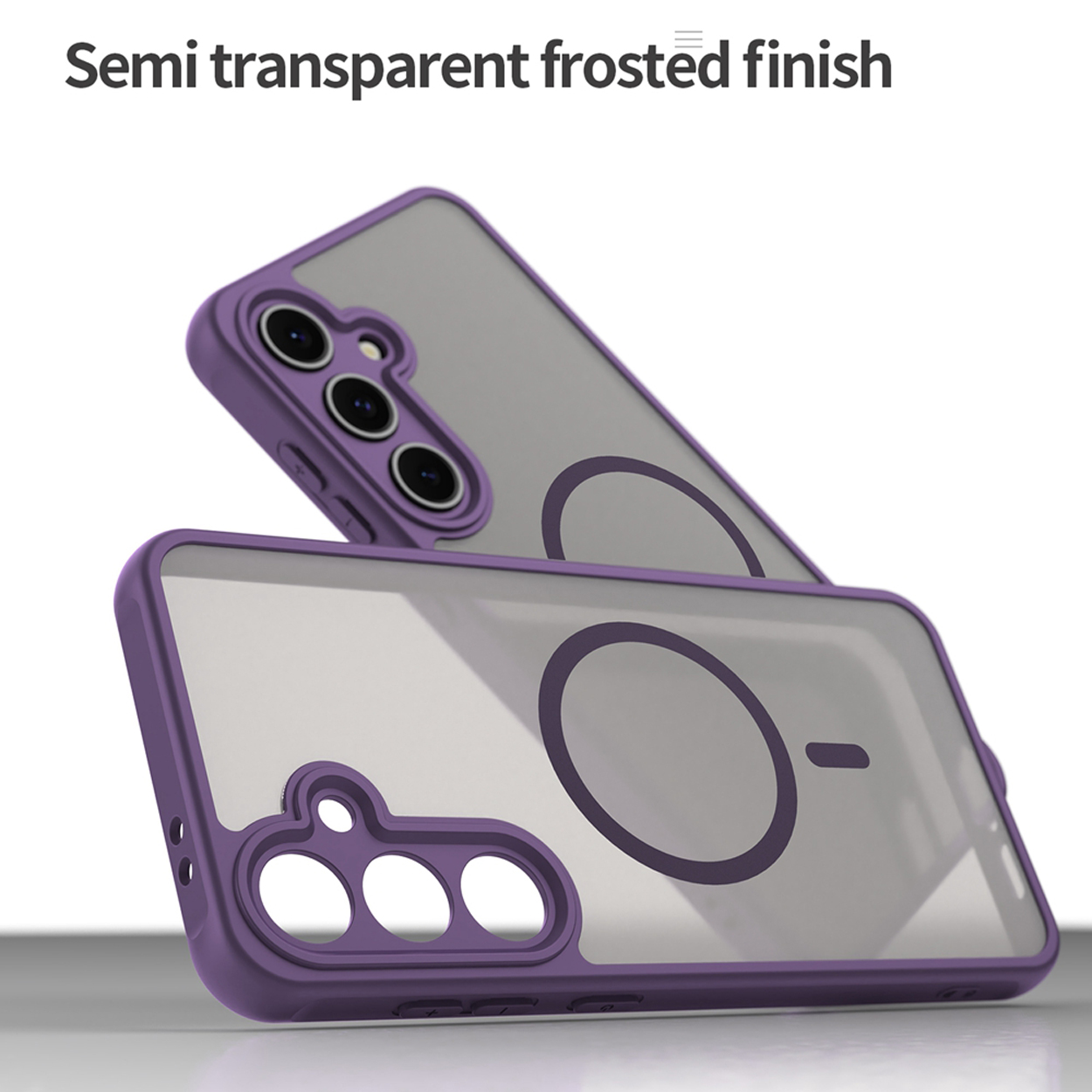 Deux étuis de téléphone violets sont présentés, tous deux avec un dos transparent et un design circulaire.