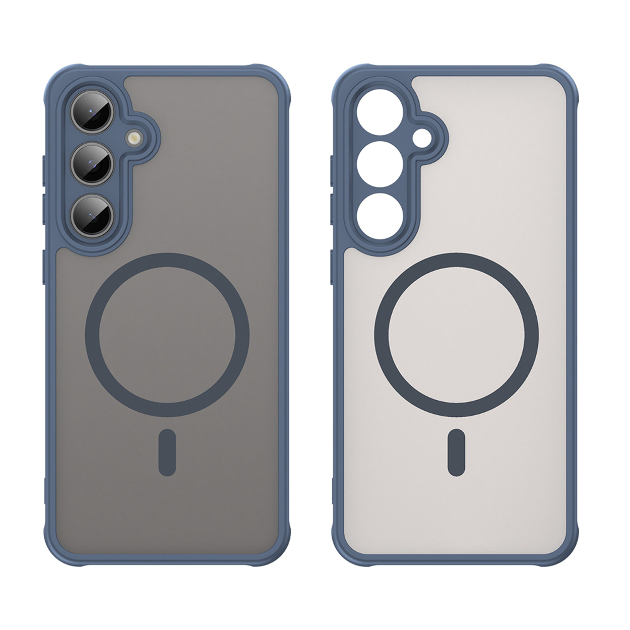 Deux coques de téléphone, bleu et gris. Une assemblée, une démontée. Détail du cercle magnétique.
