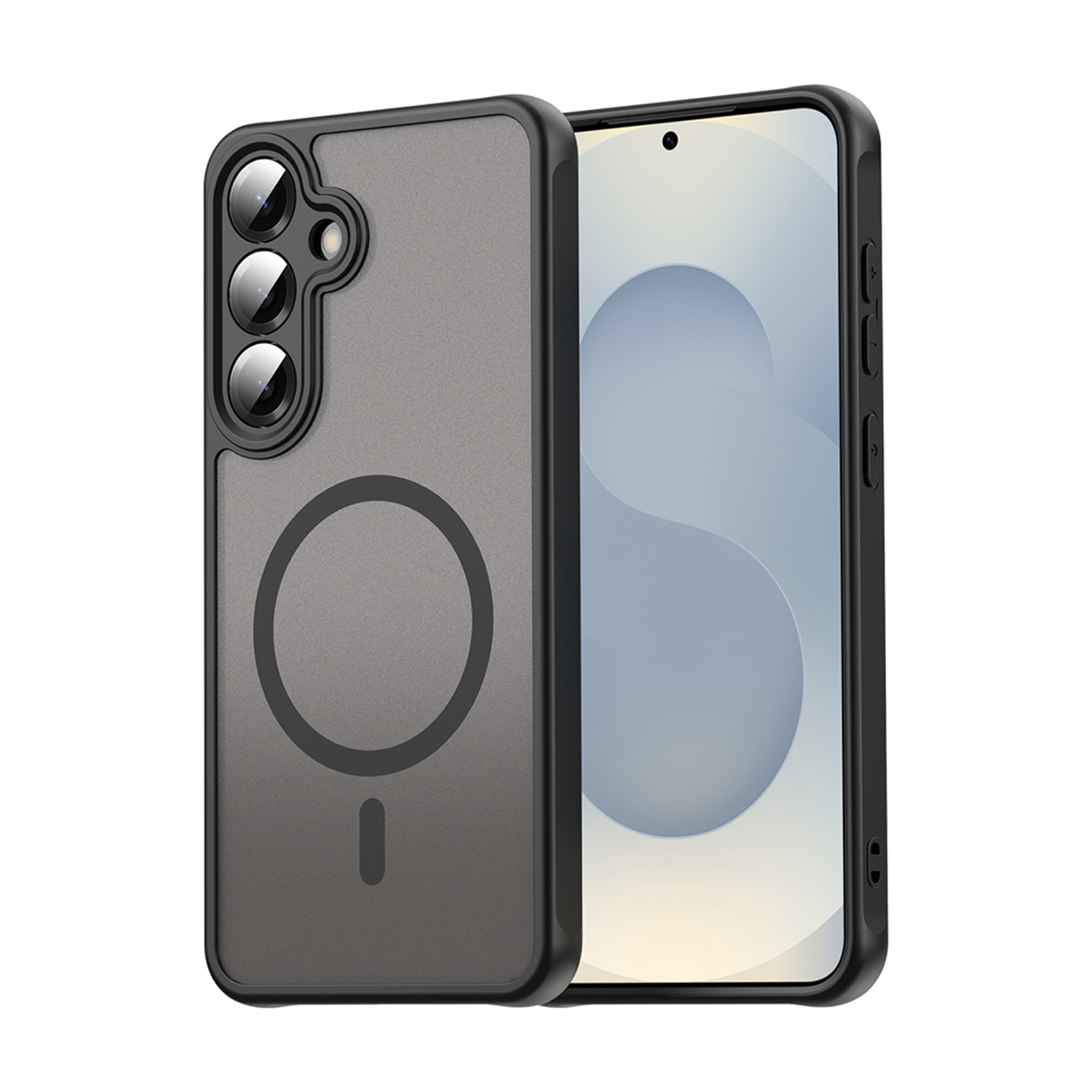 Un étui de téléphone noir avec un dos transparent et un design circulaire est montré, couvrant partiellement un téléphone.