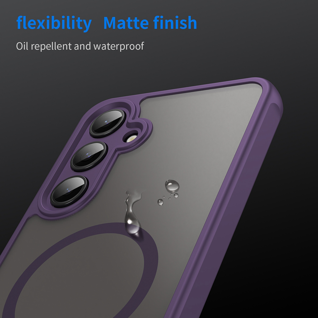 Un étui de téléphone avec un cadre violet et des gouttelettes d'eau est présenté. Le texte mentionne la flexibilité.