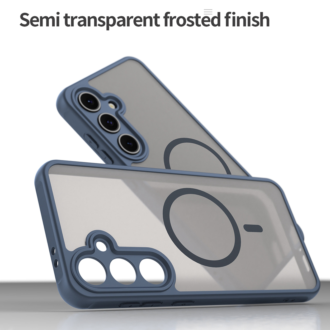 Deux coques de téléphone bleues inclinées. Les coques ont des découpes de caméra et un design de cercle magnétique. Finition semi-transparente.