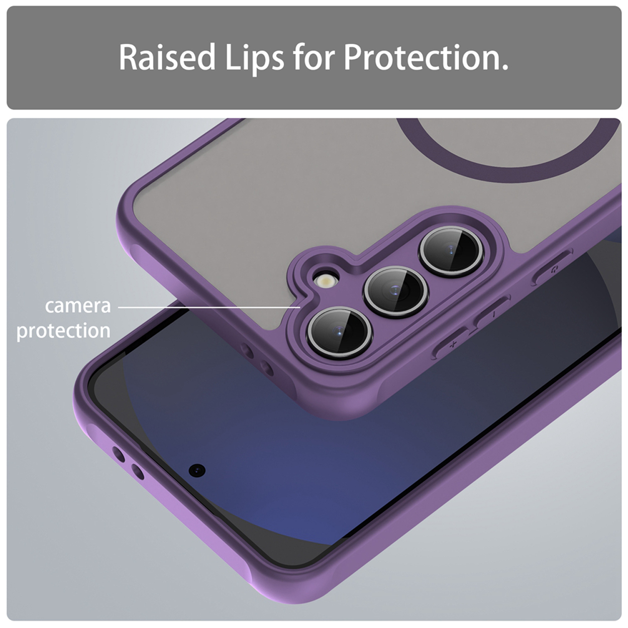 Gros plan sur une coque violette protégeant un téléphone. La coque a des rebords surélevés et une protection de caméra.