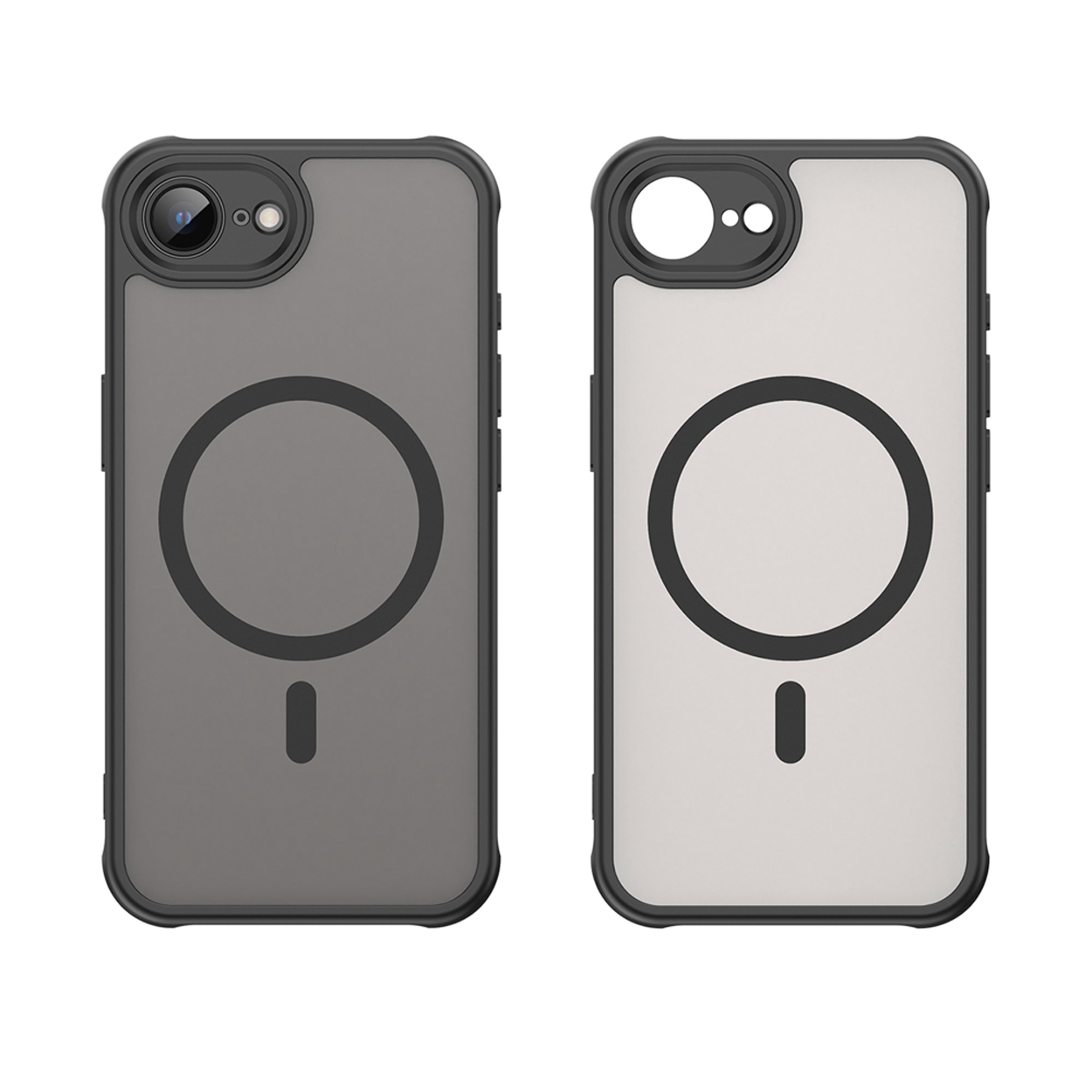 Twee zwarte telefoonhoesjes, één geassembleerd, één gedemonteerd. Magnetische cirkel detail op de hoesjes.
