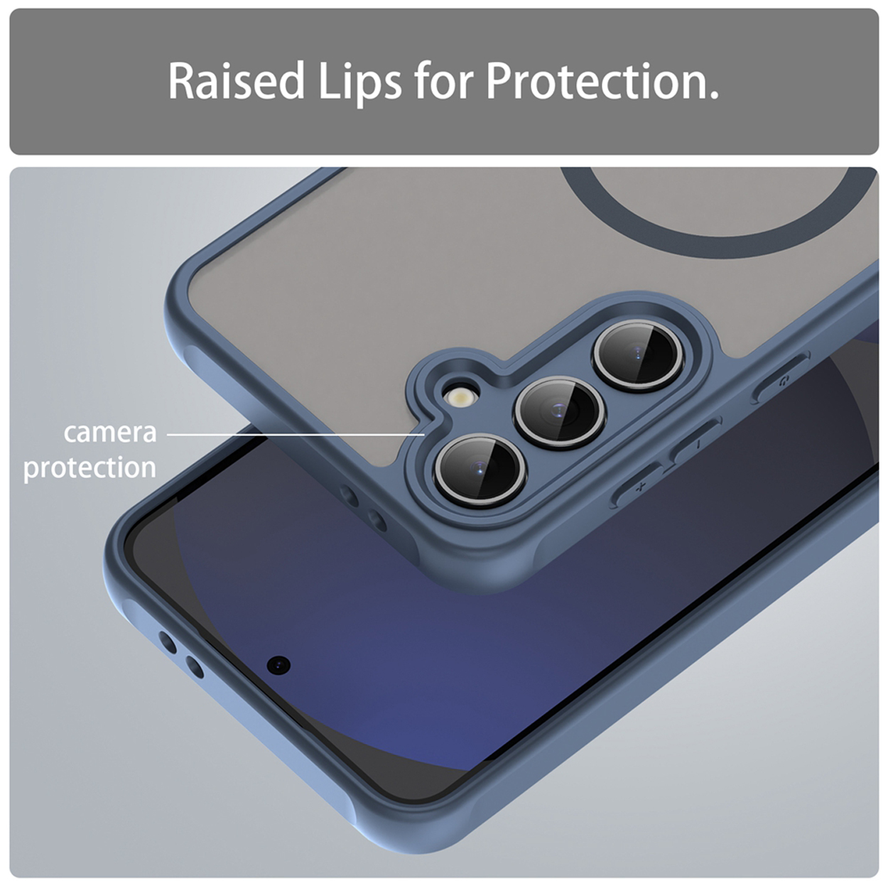 Coque de téléphone avec protection de caméra. Coque bleue, téléphone gris. Caméra et boutons visibles.