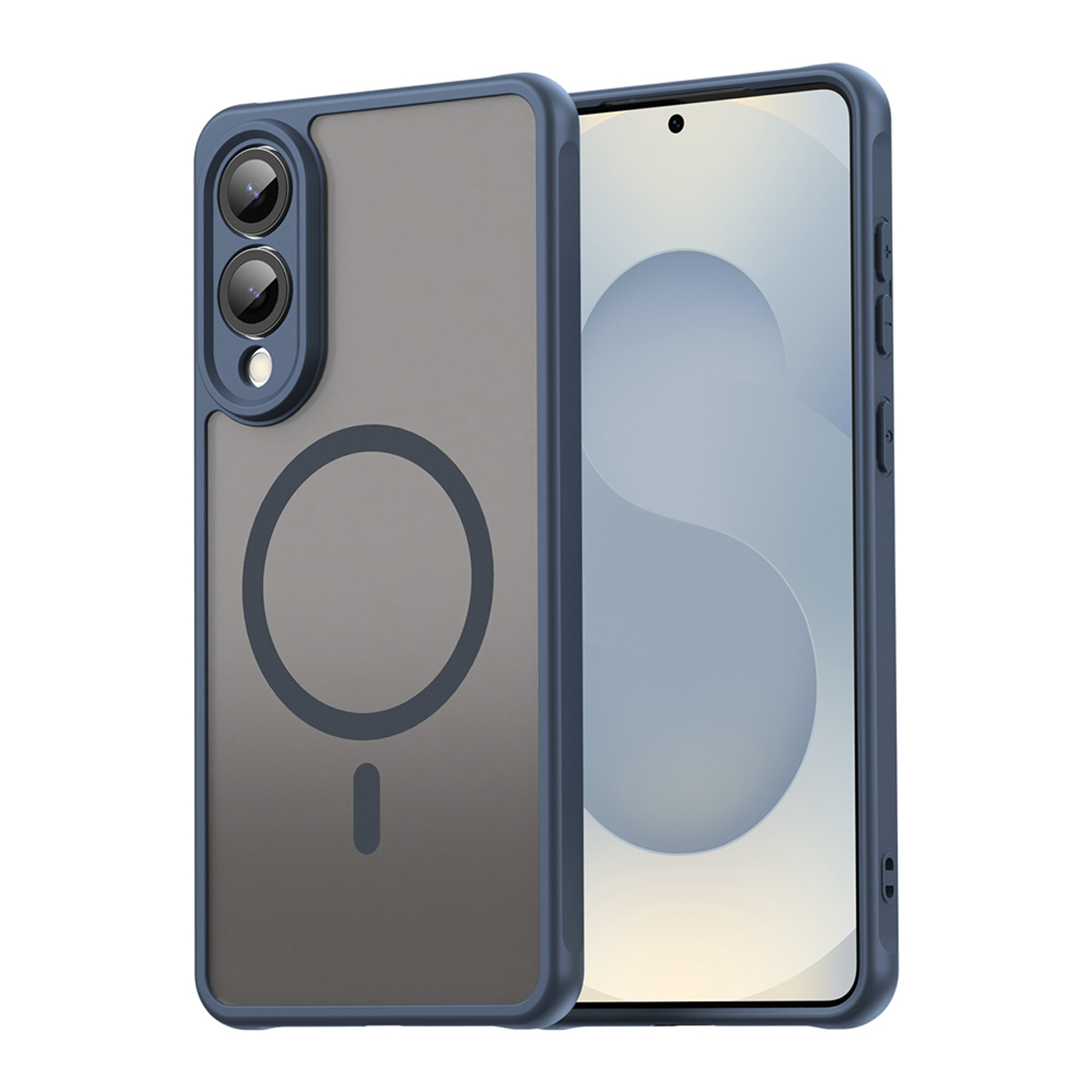 Een blauw telefoonhoesje en een telefoon. De hoes heeft een magnetische cirkel en bedekt de achterkant en zijkant van de telefoon.