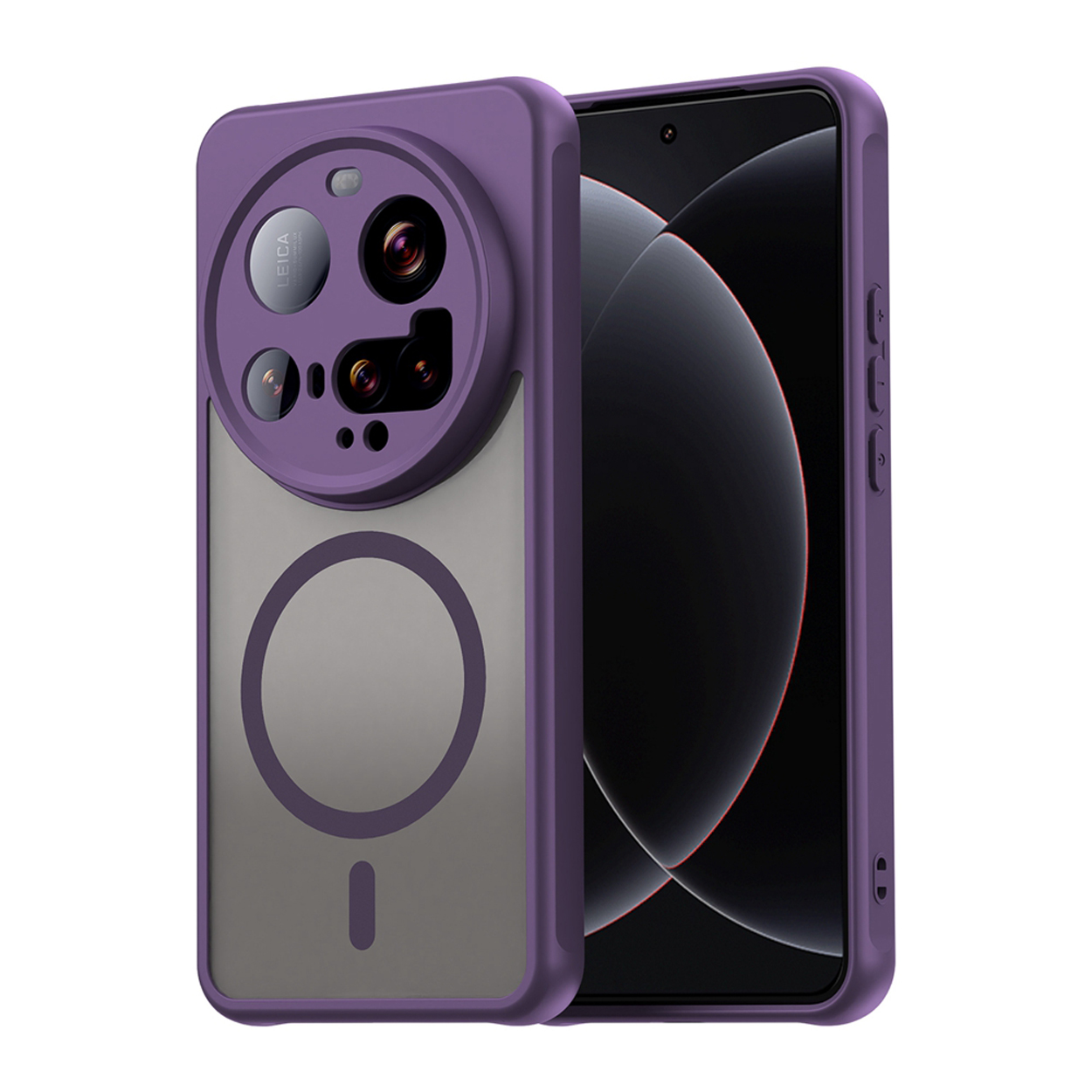 Coque de téléphone avec appareil photo. Coque violette et grise. Téléphone à l'intérieur de la coque. Détail de l'appareil photo Leica.