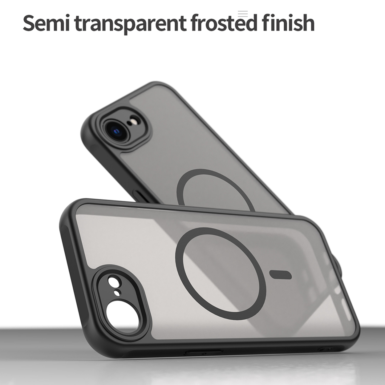 Twee telefoonhoesjes, zwart met grijze achterkant, staan schuin. Hoesjes hebben camera-uitsparingen en een magnetisch cirkelontwerp.