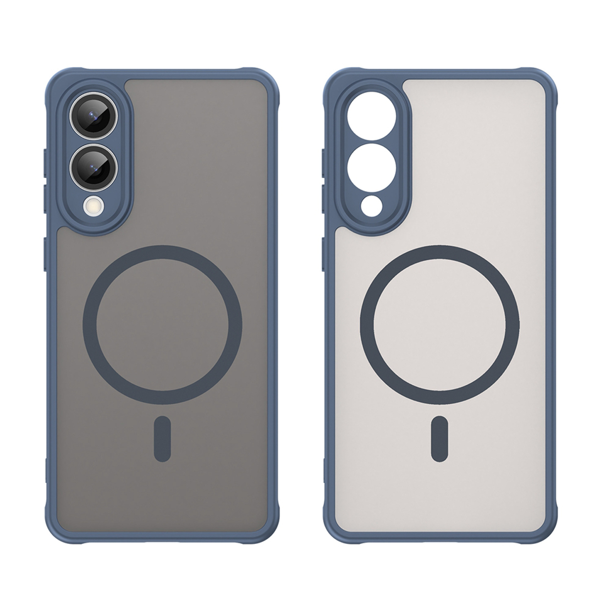 Twee telefoonhoesjes naast elkaar, blauw. Elk heeft een magnetische cirkel en camera-uitsparingen. Het ontwerp is semi-transparant.