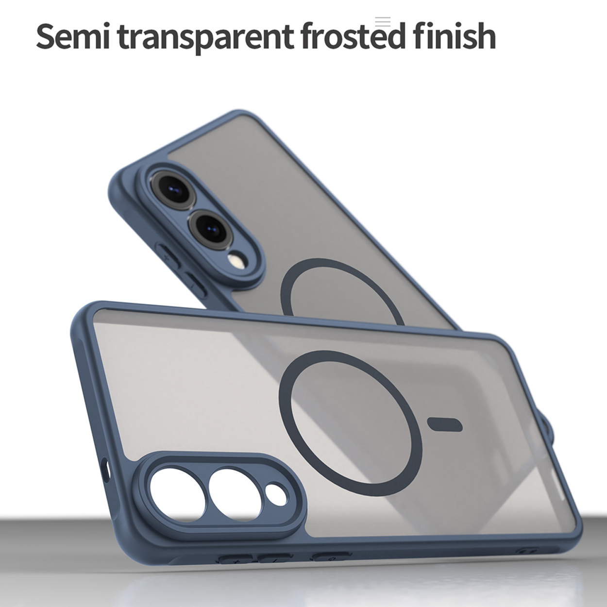 Twee telefoonhoesjes, blauw en grijs. Eén geassembleerd, één gedemonteerd. Semi-transparante afwerking.