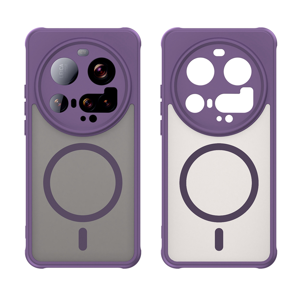 Deux coques de téléphone, violet et gris. Une assemblée, une démontée. Détail de l'appareil photo Leica.