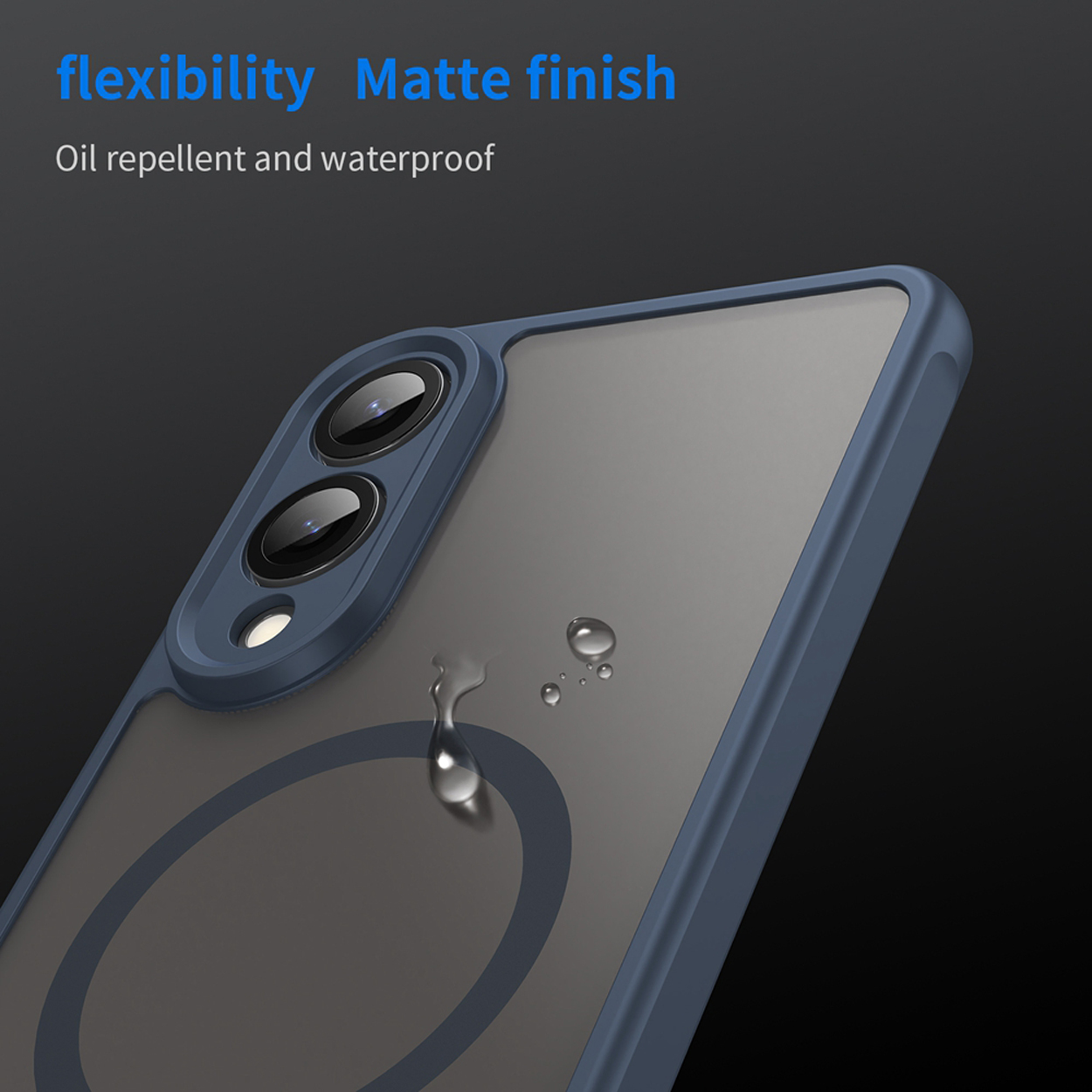 Blauwe telefoonhoes met een grijze achterkant, waterdruppels en een matte afwerking. De achtergrond is donker.