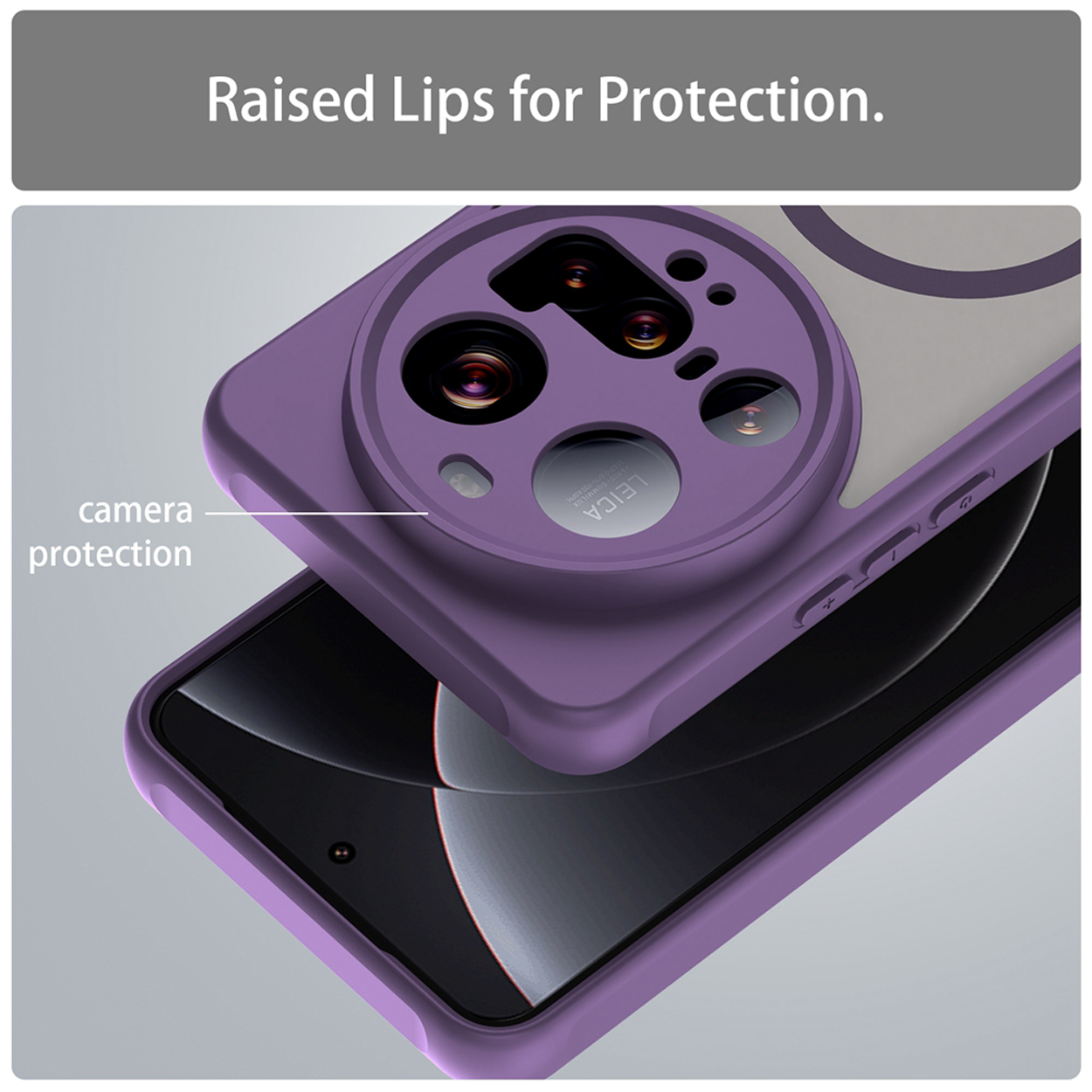 Coque de téléphone violette avec protection de caméra, bords surélevés et dos transparent. Le téléphone est visible.