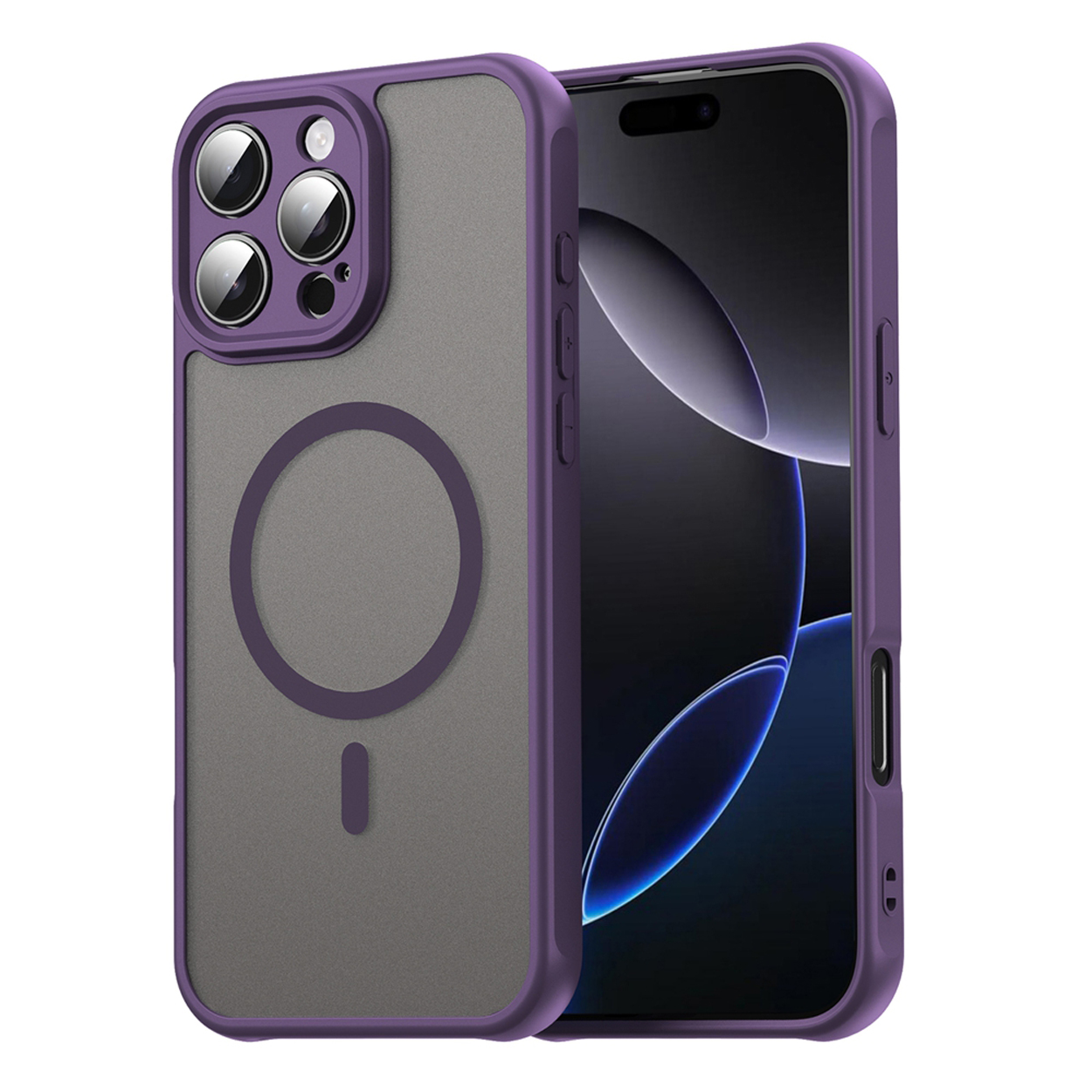 Paarse telefoonhoes met een grijze achterkant en een telefoon met een zwart scherm. Een magnetische cirkel is zichtbaar.