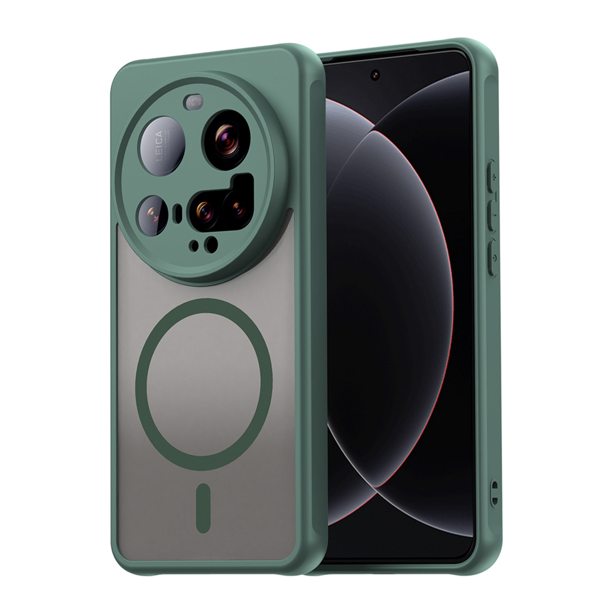 Coque de téléphone verte avec dos gris et téléphone avec écran noir. Un cercle magnétique est visible.
