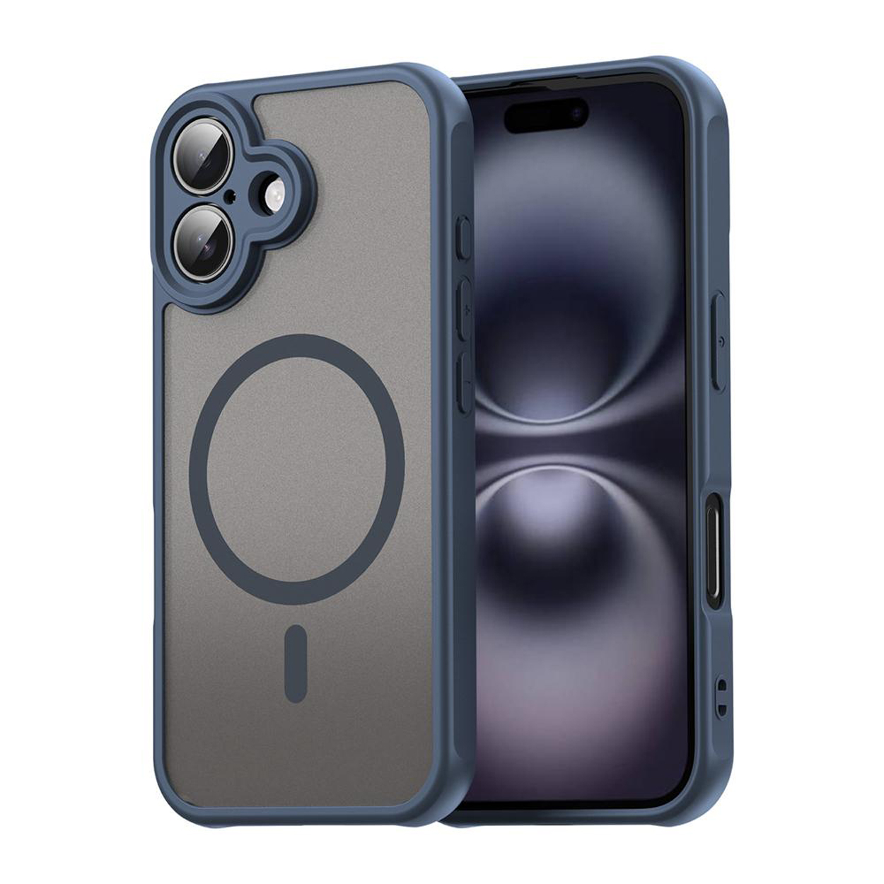 Blauwe telefoonhoes met een grijze achterkant en een telefoon met een zwart scherm. Een magnetische cirkel is zichtbaar.