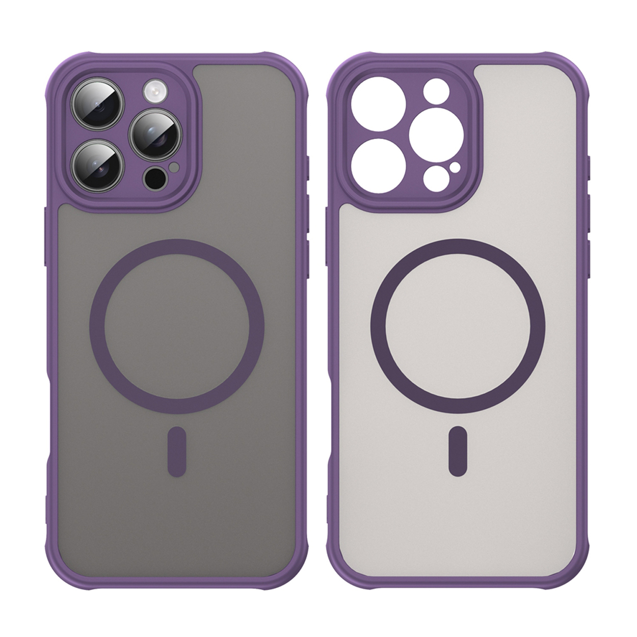 Twee telefoonhoesjes, één met een paars frame en de andere met een wit frame. Beide hebben een grijze achterkant.