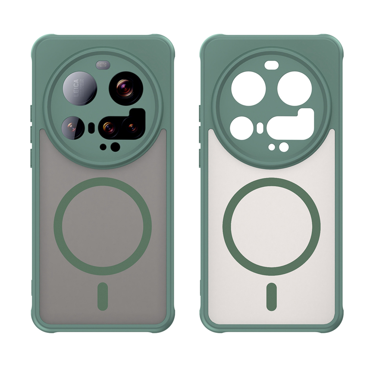 Coque de téléphone verte avec dos gris et téléphone avec écran noir. Un cercle magnétique est visible.