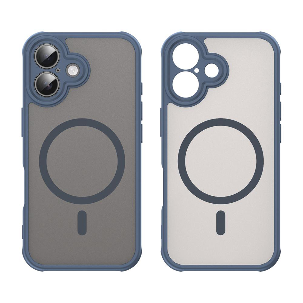 Twee blauwe telefoonhoesjes, één met een telefoon erin. Beide hebben een cirkel en een minteken.