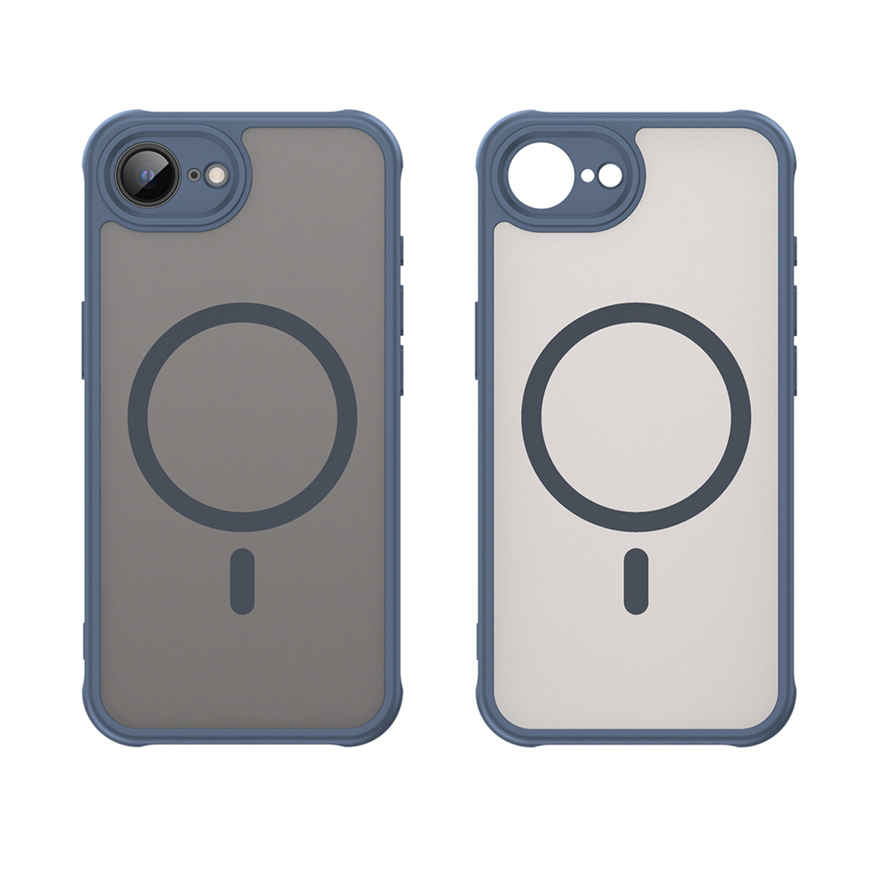 Twee telefoonhoesjes, één met een blauw frame en de andere met een wit frame. Beide hebben een grijze achterkant.