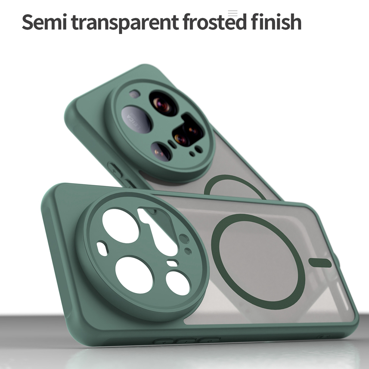 Coque de téléphone verte avec dos gris et face avant transparente. Deux coques superposées.