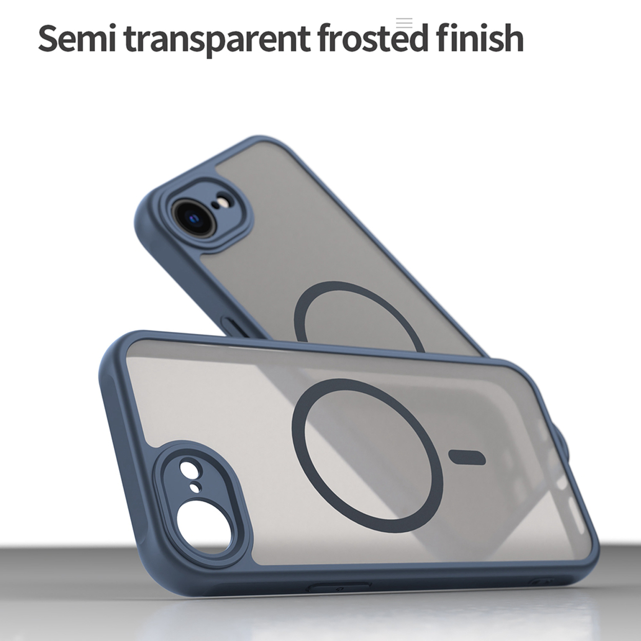Twee blauwe telefoonhoesjes, beide met een grijze achterkant en een transparante voorkant. Ze zijn op elkaar gestapeld.