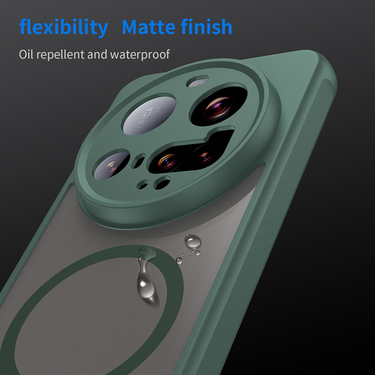 Une coque de téléphone verte avec un dos transparent. Elle a une finition mate et est oléofuge et imperméable.