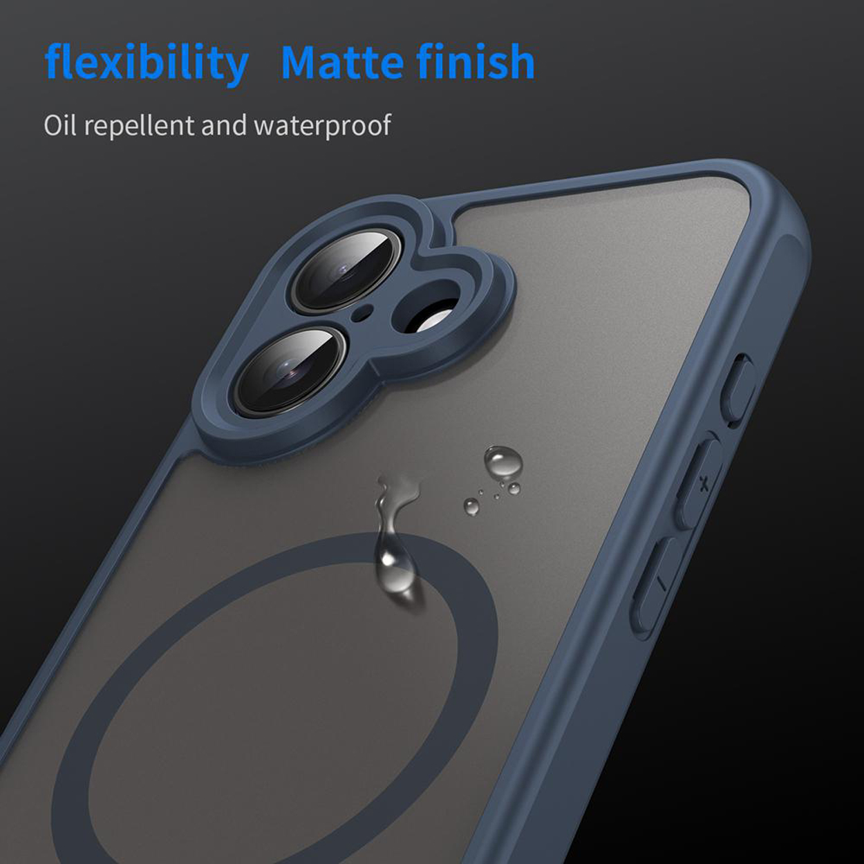 Blauwe telefoonhoes met een grijze achterkant, waterdruppels en een matte afwerking. De achtergrond is donker.