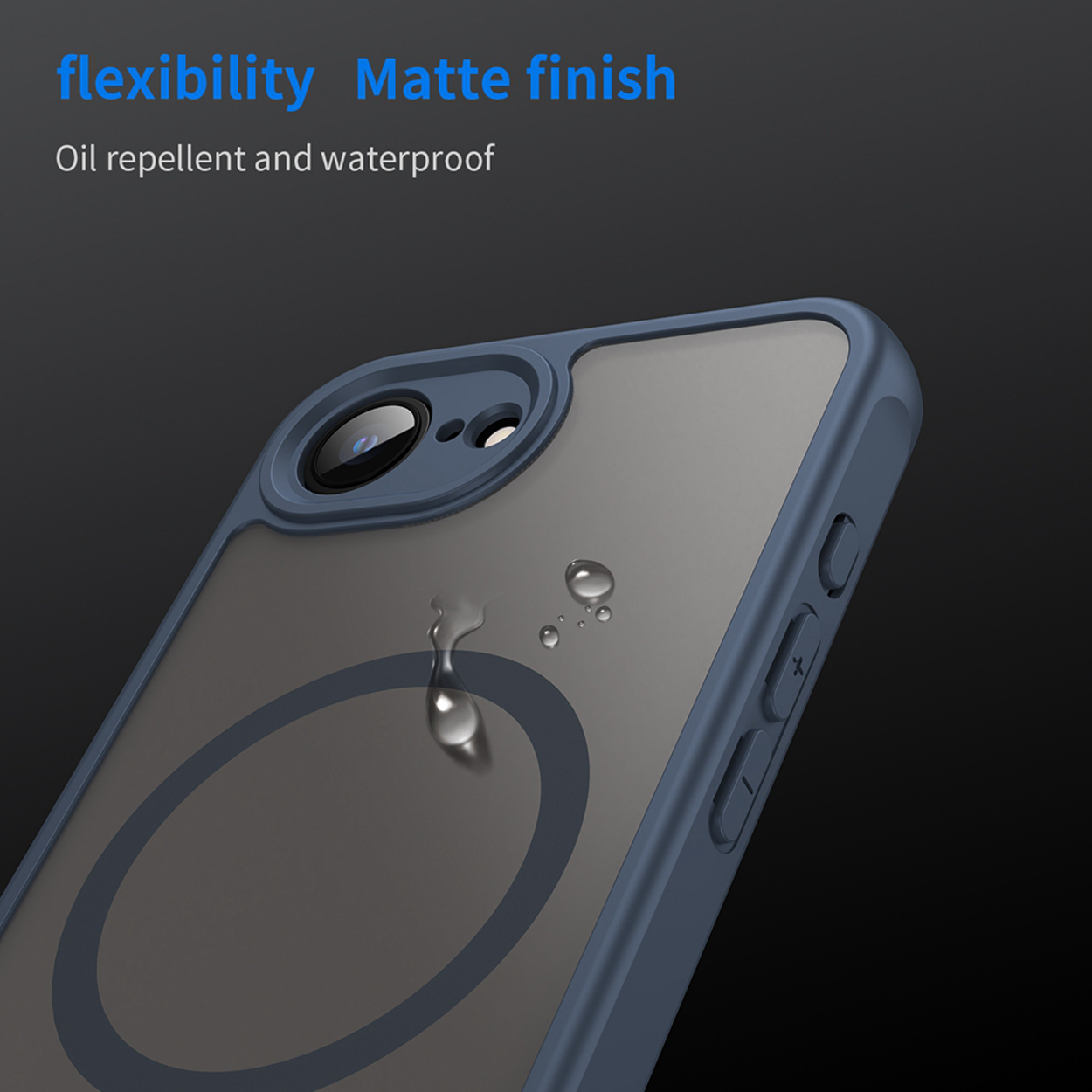 Een blauwe telefoonhoes met een druppel water die valt. Tekst: Flexibiliteit, matte afwerking, olie- en waterafstotend.