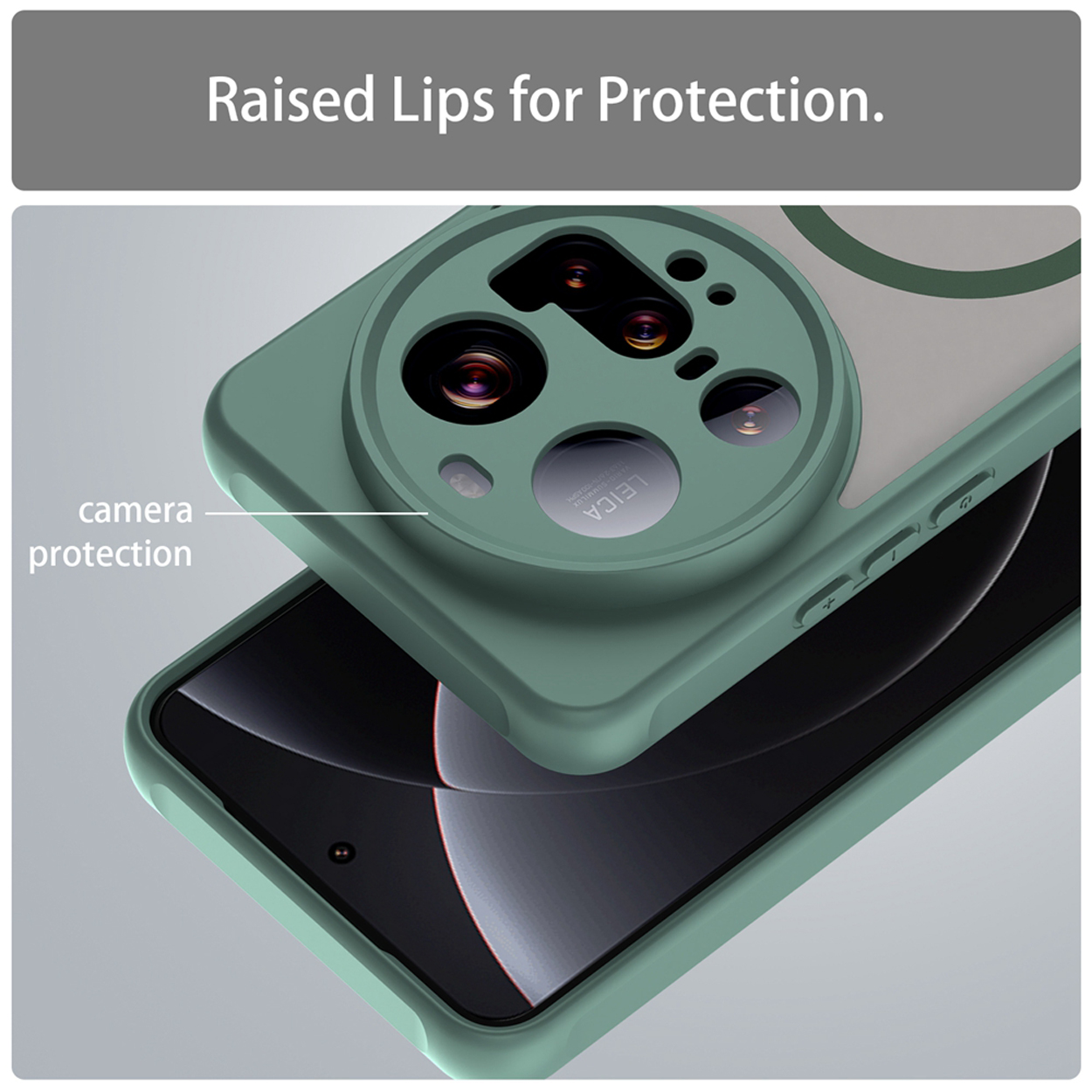 Un étui de téléphone vert avec protection de caméra. Le téléphone est dans l'étui. Texte : Bords surélevés pour la protection.