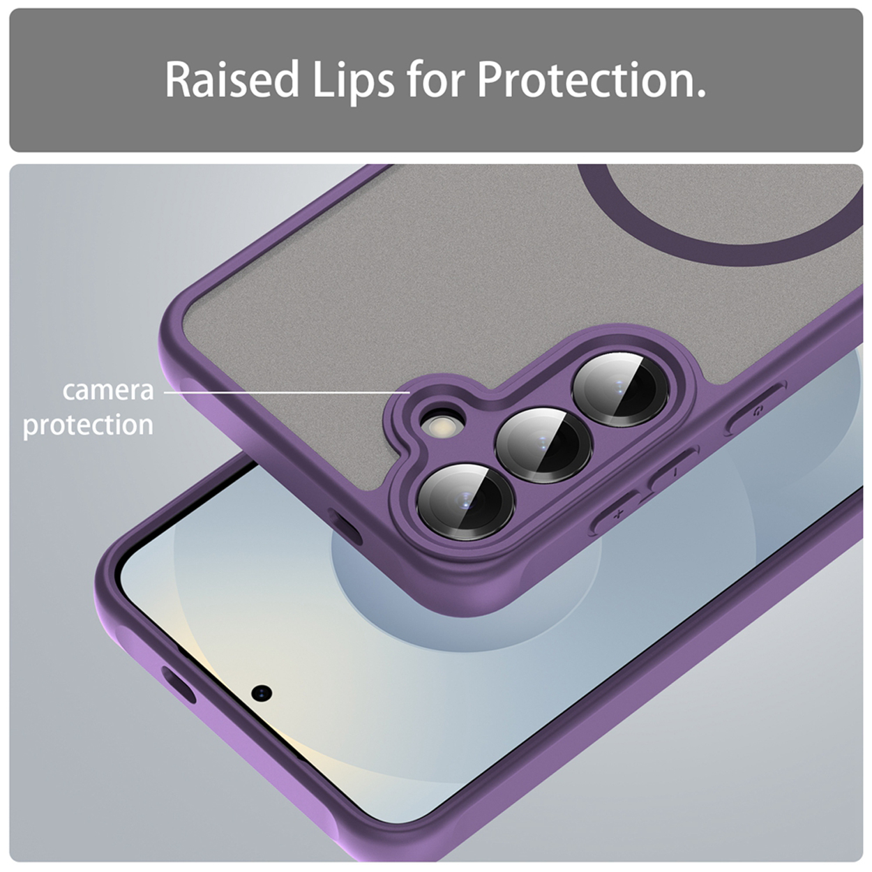Un étui de téléphone violet avec protection de caméra. Le téléphone est dans l'étui. Texte : Bords surélevés pour la protection.