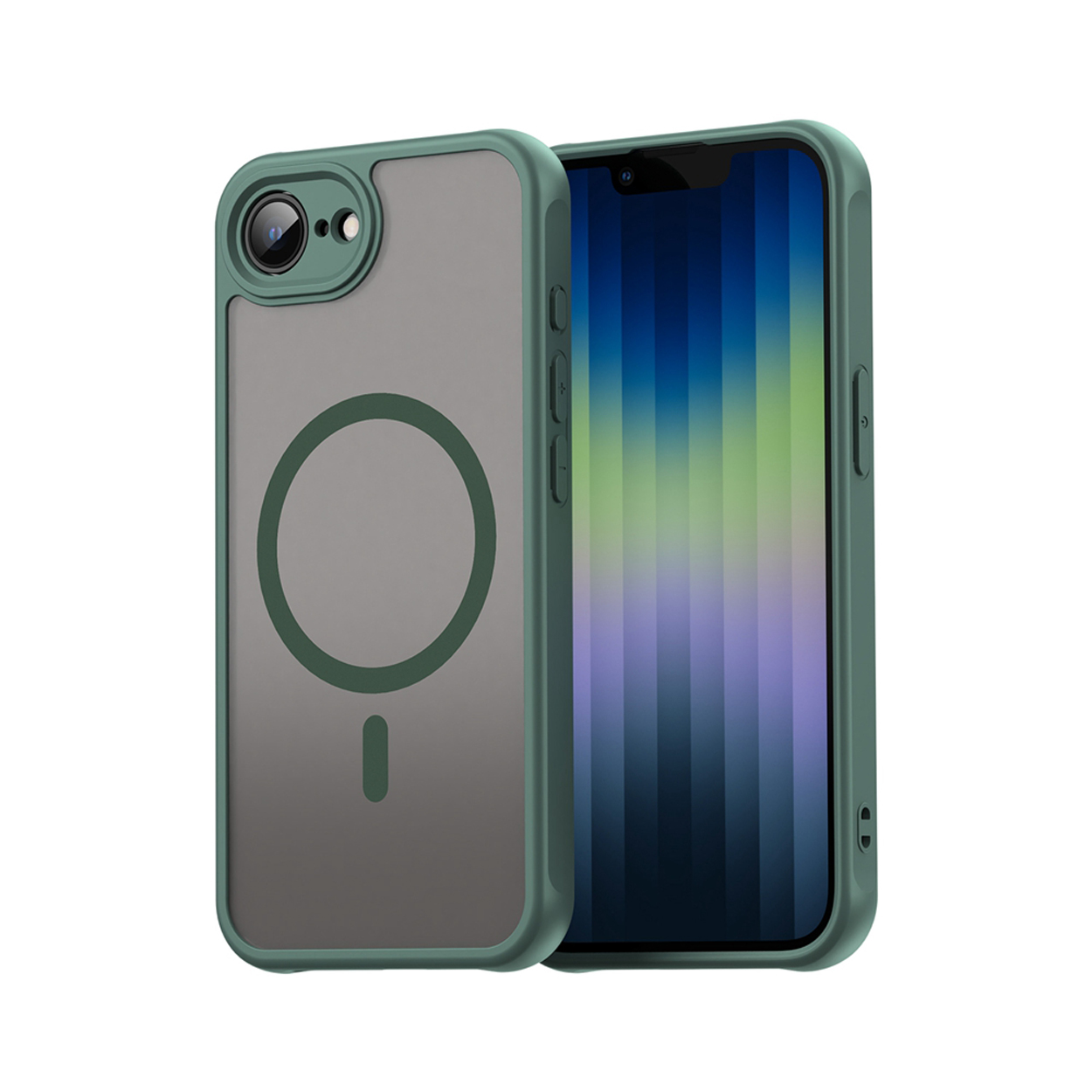 Un téléphone vert dans un étui vert. Le téléphone est sur le côté droit de l'image.