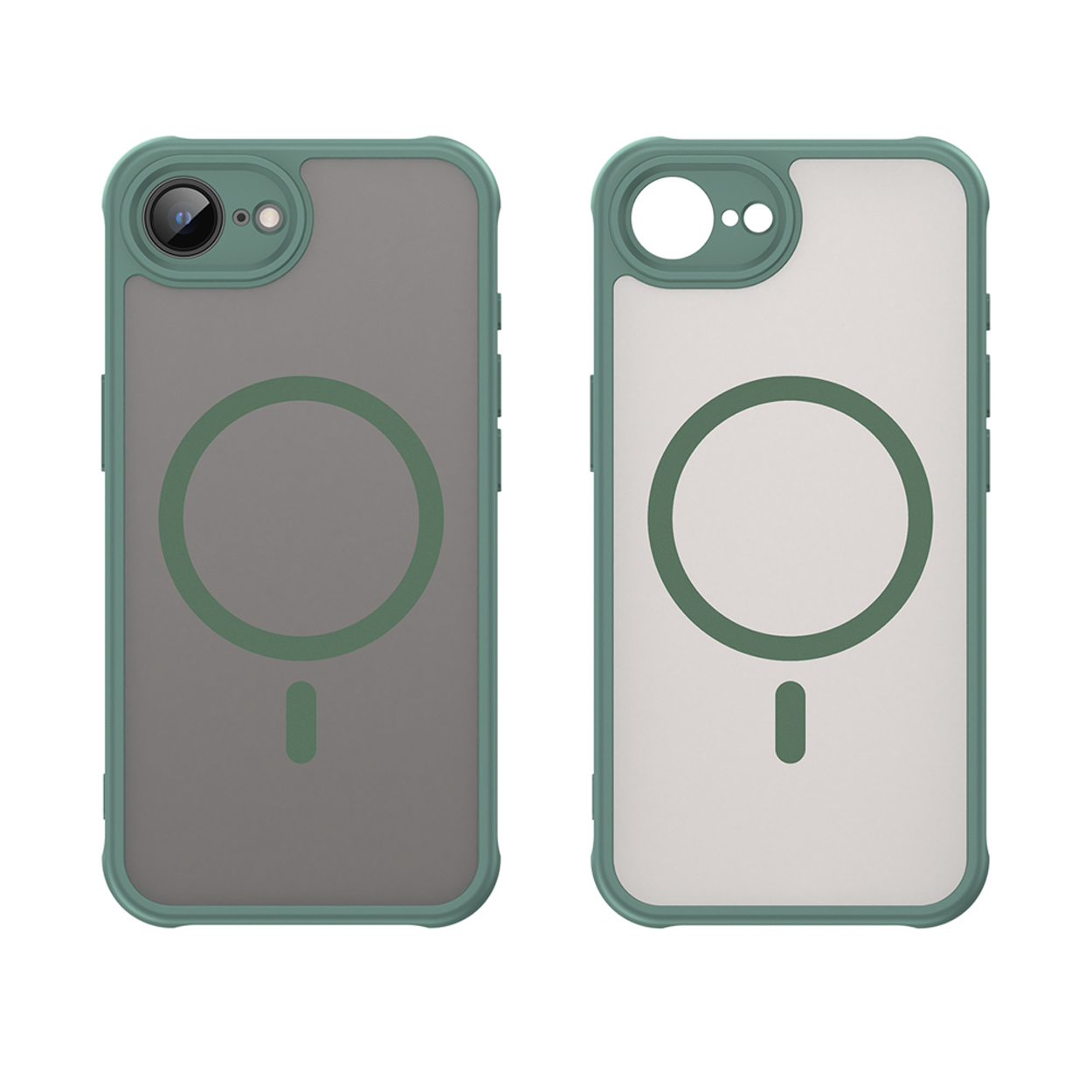 Deux étuis de téléphone verts. L'un avec un téléphone à l'intérieur. Les deux ont un cercle et un signe moins.