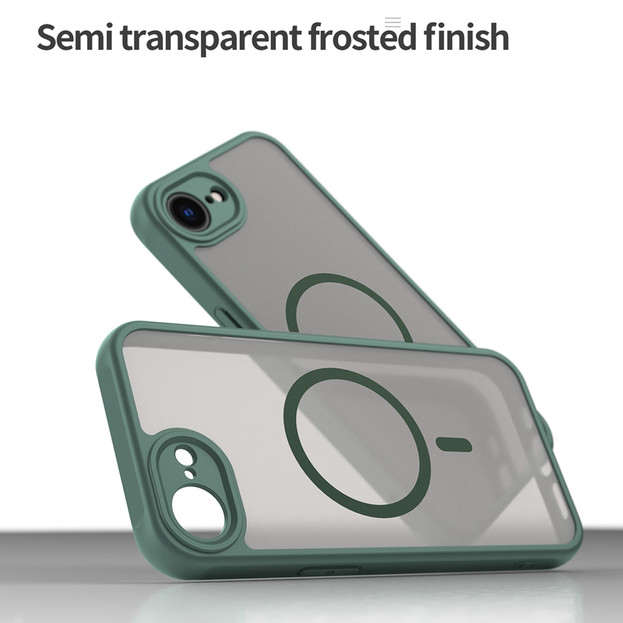 Deux étuis de téléphone avec des cadres verts. L'un est incliné, montrant l'objectif de la caméra. Les deux sont transparents avec un motif de cercle sombre.