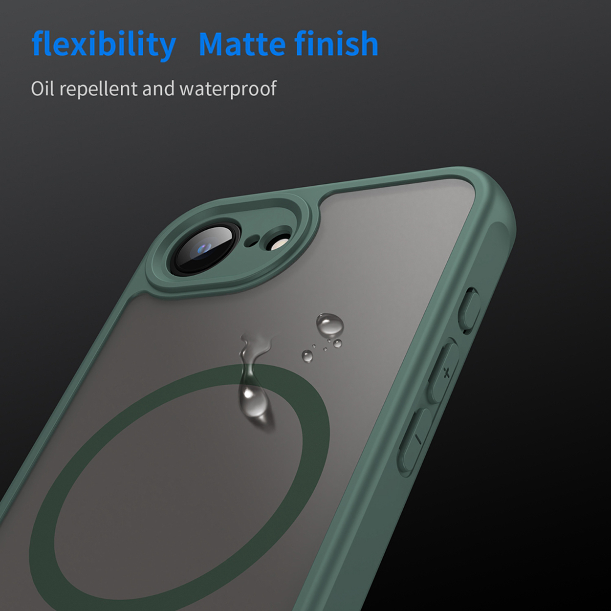 Gros plan sur un étui de téléphone vert avec un motif de cercle sombre. Des gouttes d'eau tombent sur l'écran transparent.