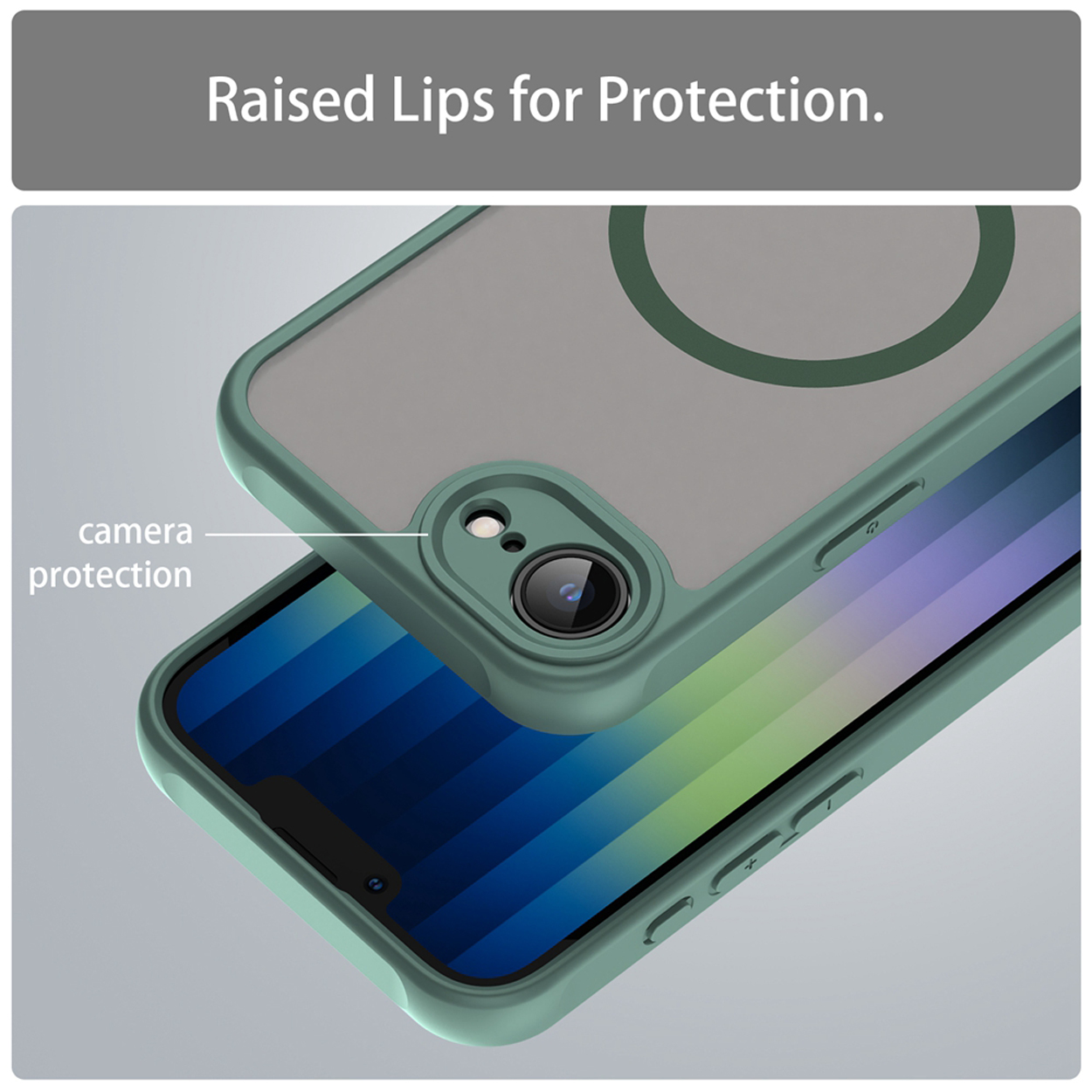 Un étui de téléphone vert avec protection de caméra. Le téléphone est dans l'étui. Texte : Bords surélevés pour la protection.