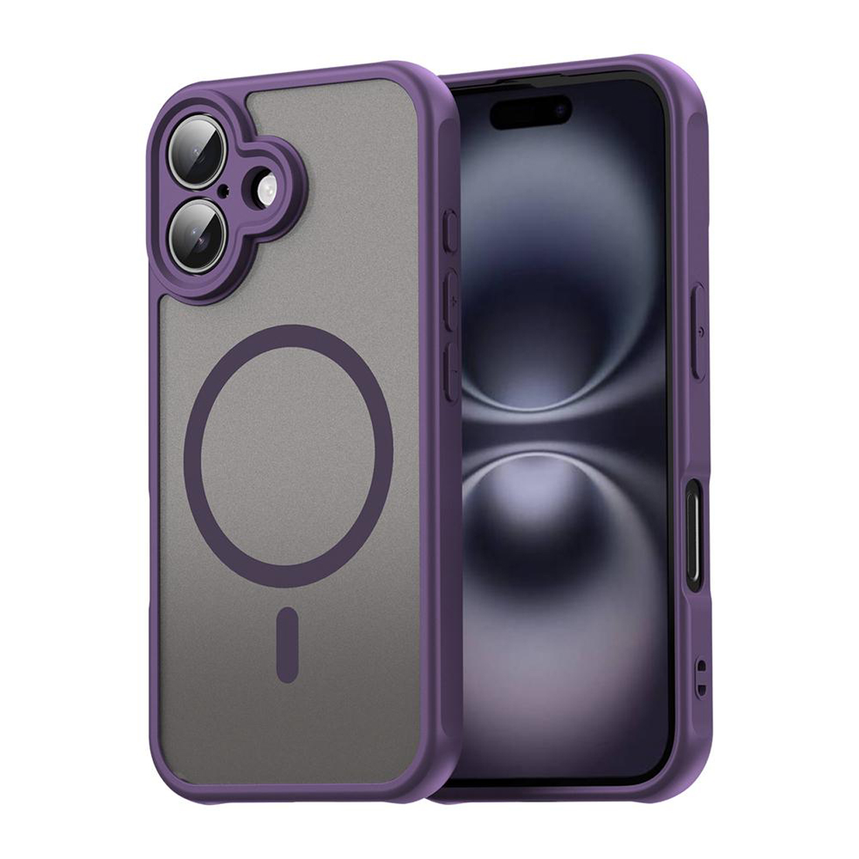 Paarse telefoonhoes. De hoes heeft een doorzichtige achterkant en een paars frame.