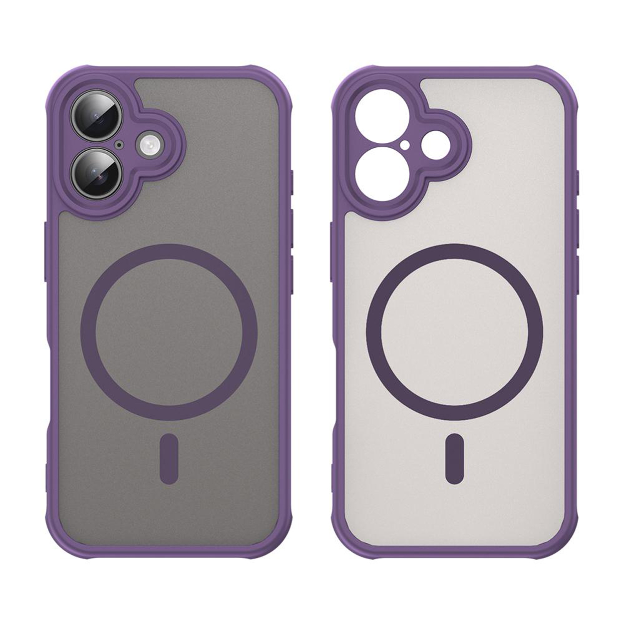 Twee telefoonhoesjes met paarse randen. Eén laat de voorkant zien, de andere de achterkant. Beide zijn transparant met een donker cirkelontwerp.