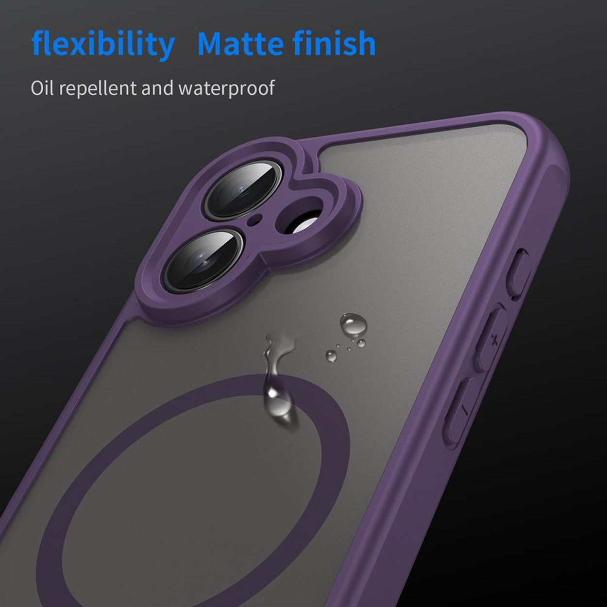 Een close-up van een paarse telefoonhoes met een donker cirkelontwerp. Waterdruppels vallen naar beneden op het heldere scherm.