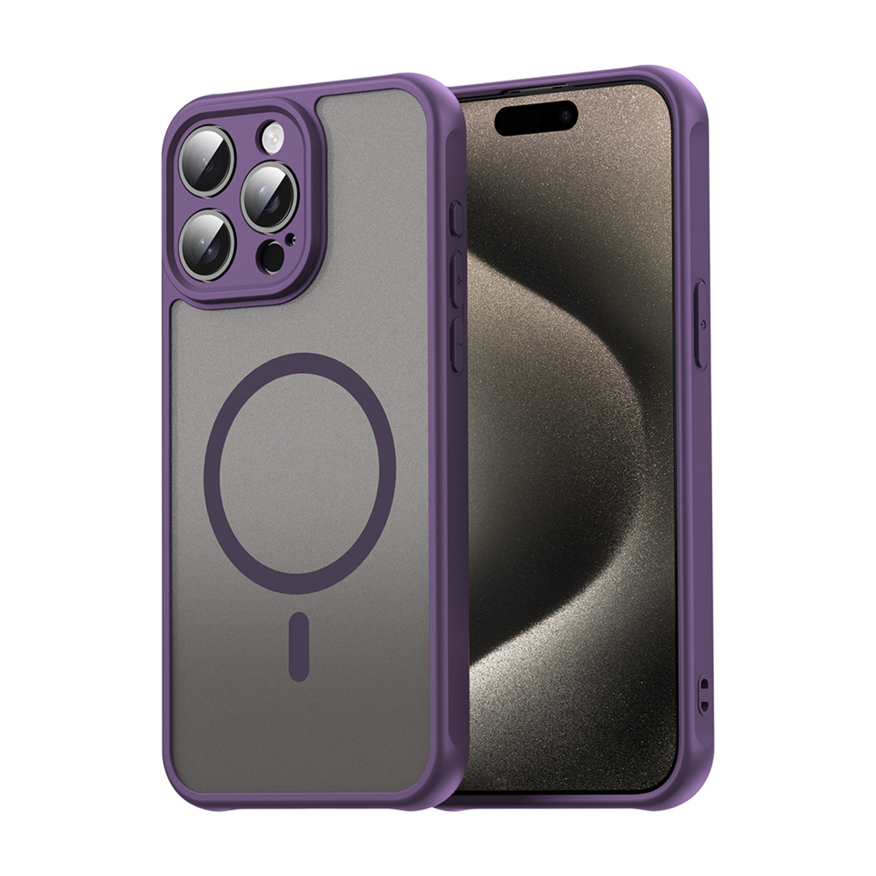 Paarse telefoonhoes met telefoon. De hoes heeft een matte afwerking en een cirkelvormig ontwerp in het midden.