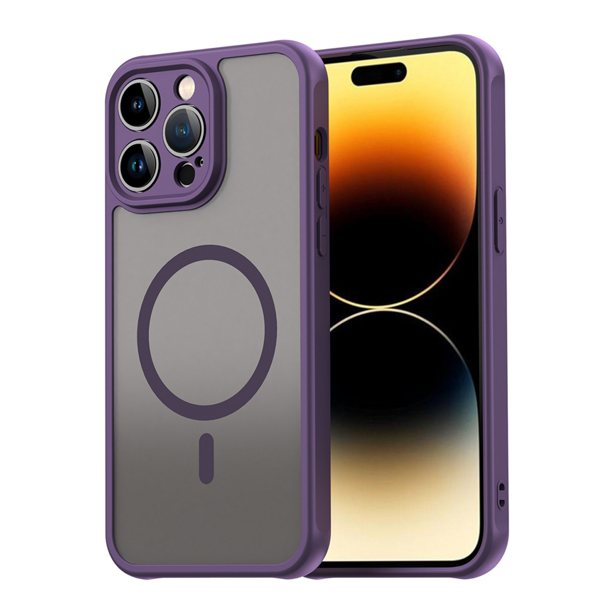 Paarse telefoonhoes met telefoon. Hoes heeft een matte afwerking en een cirkelvormig ontwerp. Geel scherm.