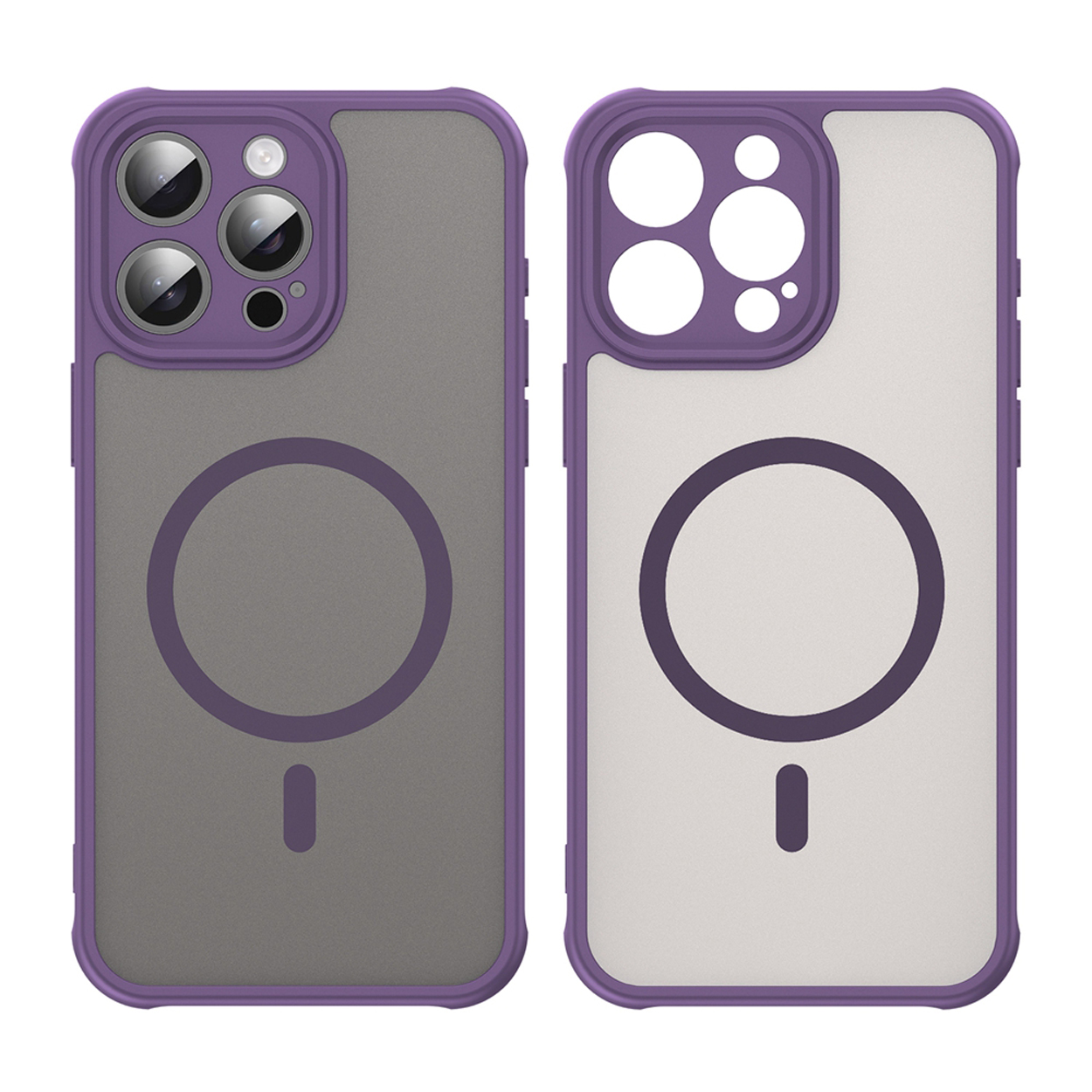 Twee telefoonhoesjes, paars omrand. Eén met de camera van de telefoon zichtbaar en de andere met de omtrek. Beide hebben een magnetische cirkel.