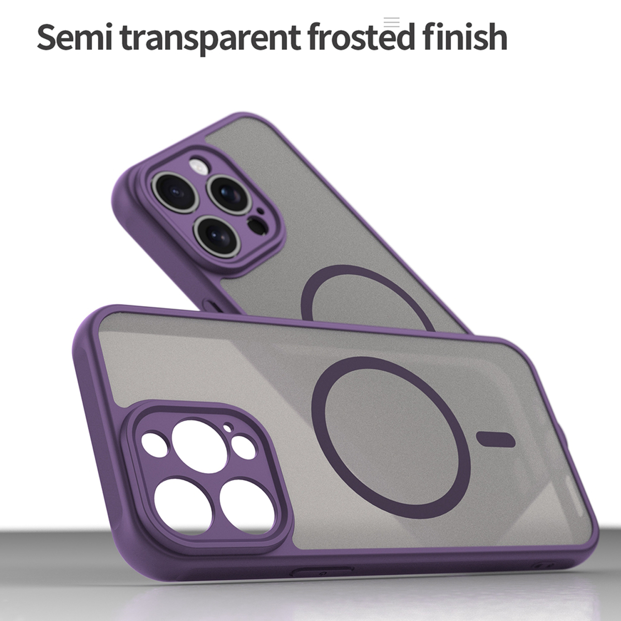 Twee telefoonhoesjes. Beide hebben een matte afwerking en een cirkelvormig ontwerp. Tekst: Semi-transparante matte afwerking.