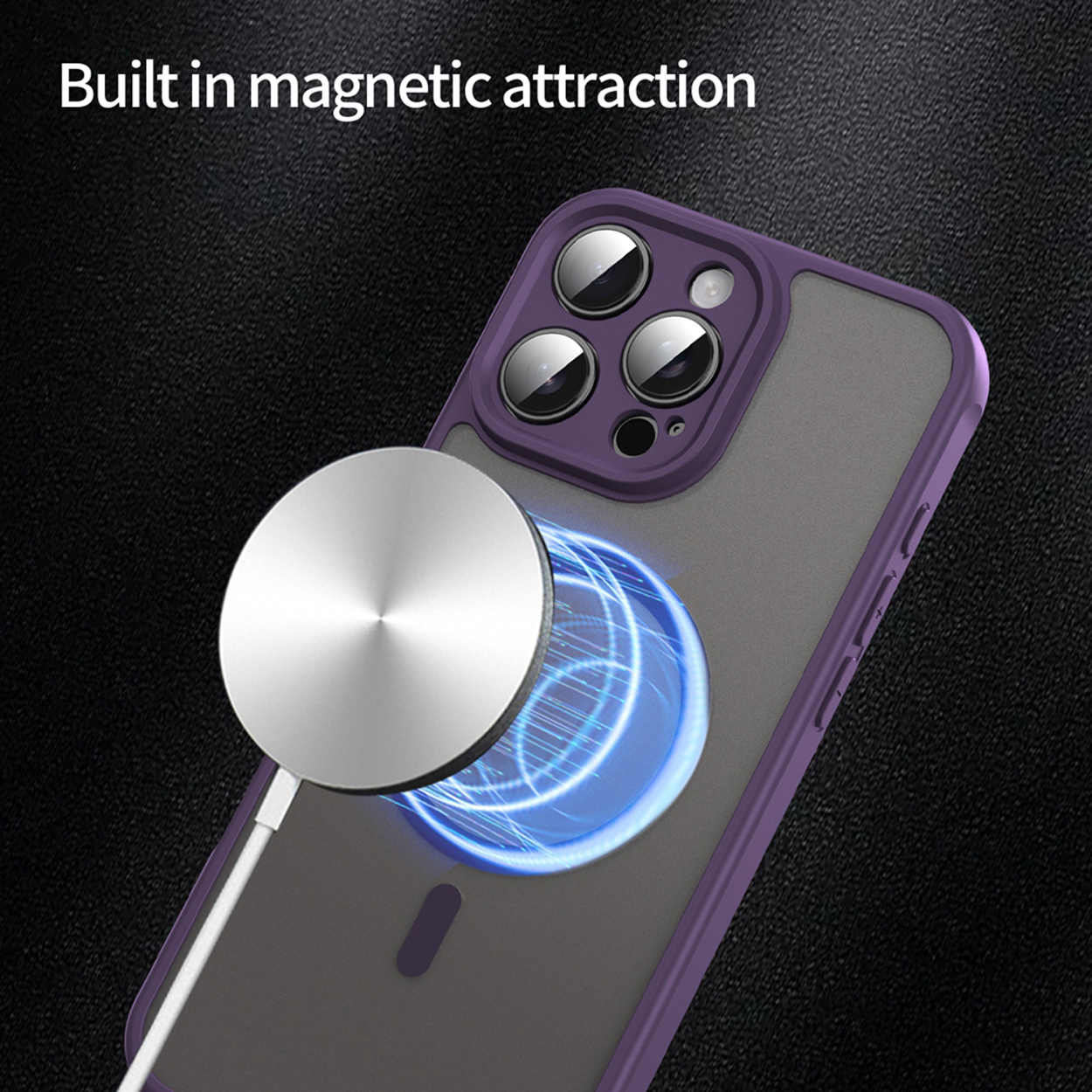 Een telefoonhoesje met een magnetische oplader bevestigd. De hoes is paars met een grijze achterkant.