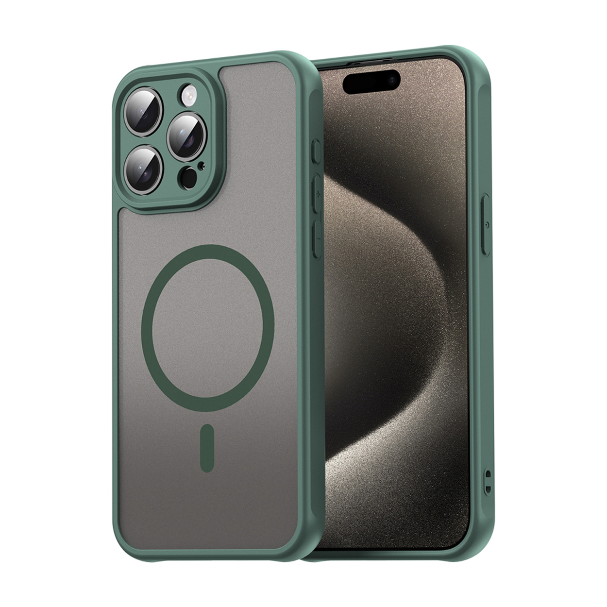 Een groene telefoonhoes naast een telefoon met de camera zichtbaar en een matte achterkant.