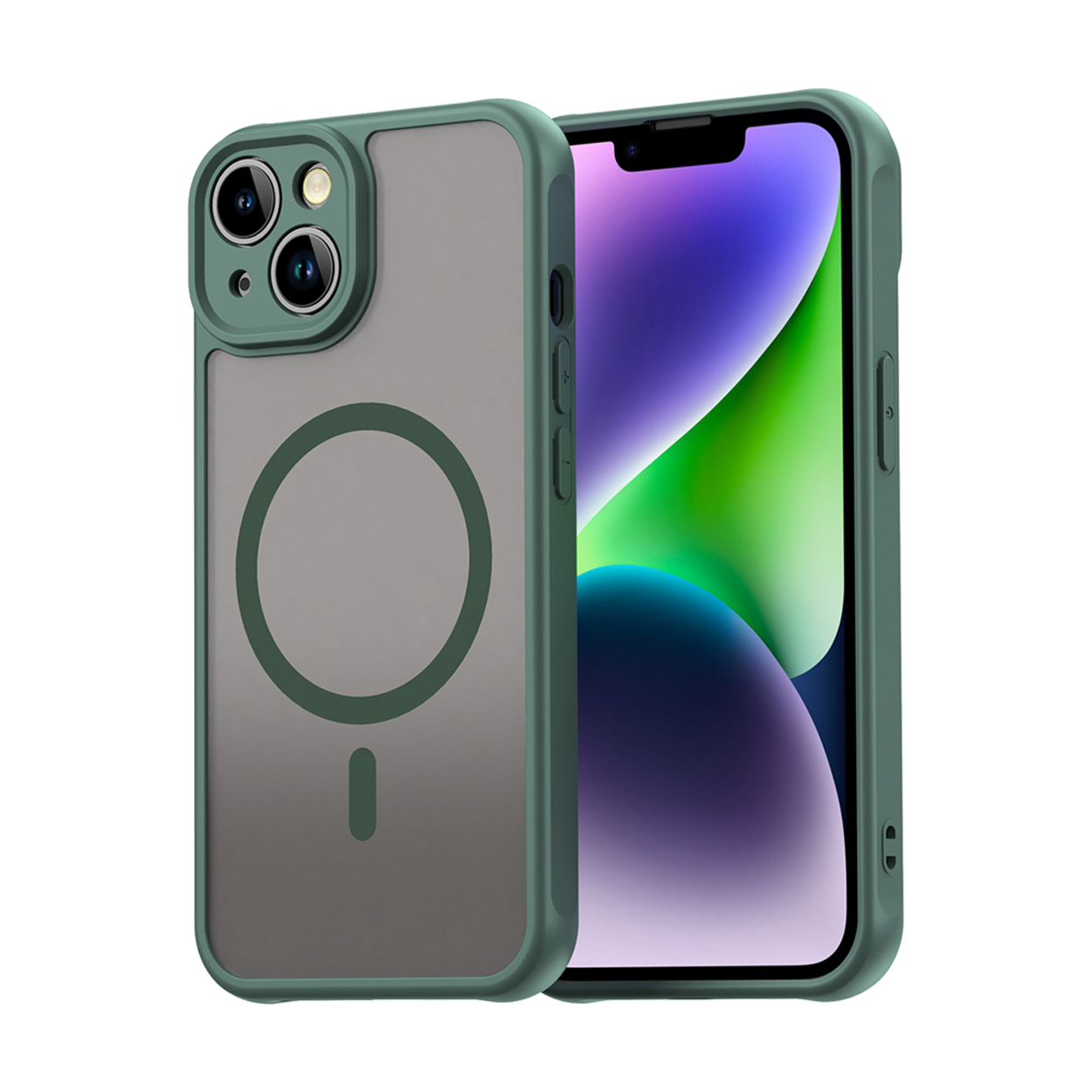 Een groen telefoonhoesje naast een telefoon, met de camera en een matte achterkant.