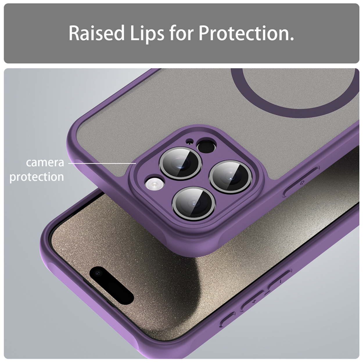 Twee telefoonhoesjes, paars met grijze achterkanten. Camerabescherming wordt benadrukt.