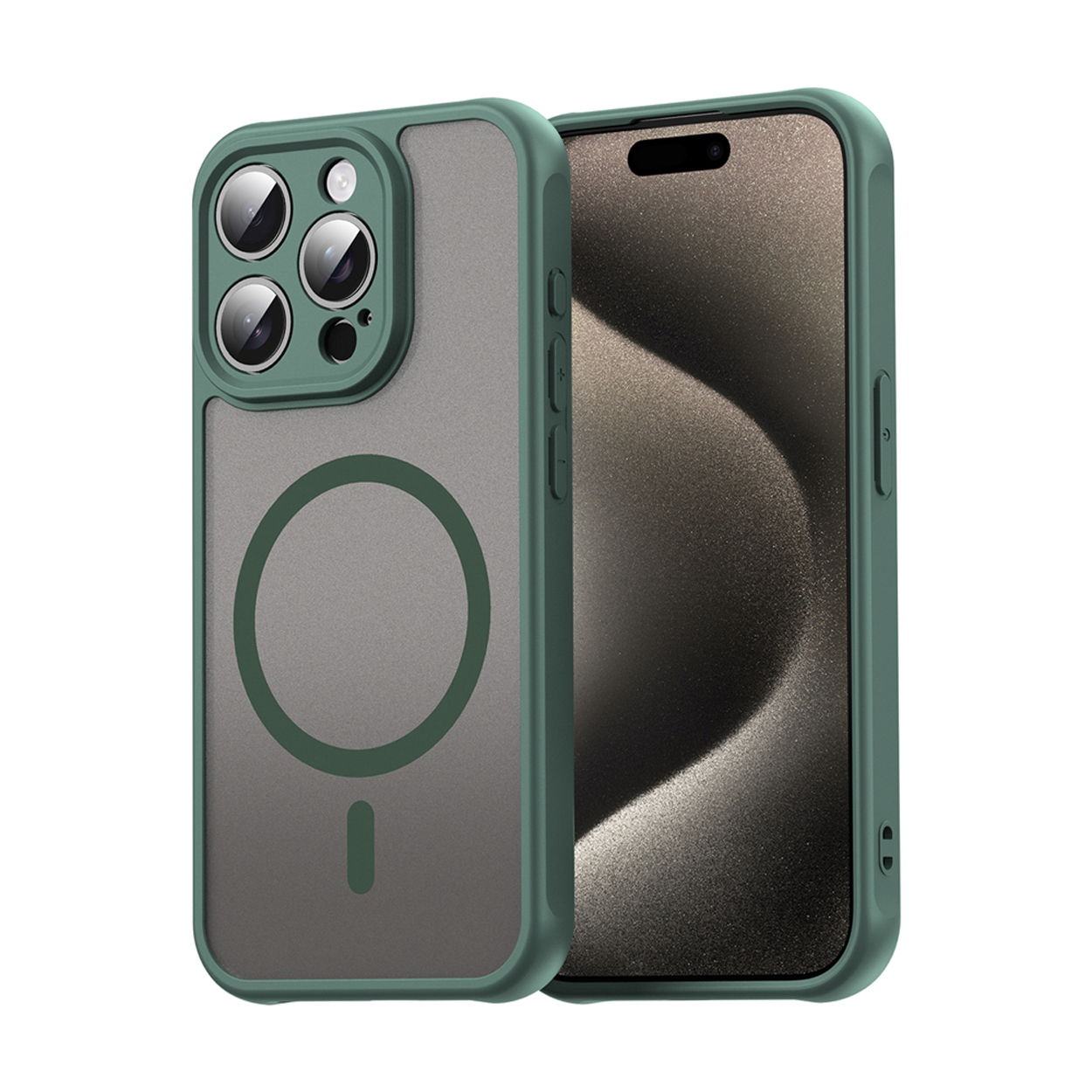 Une coque de téléphone verte et un téléphone. La coque montre l'appareil photo et un dos givré.