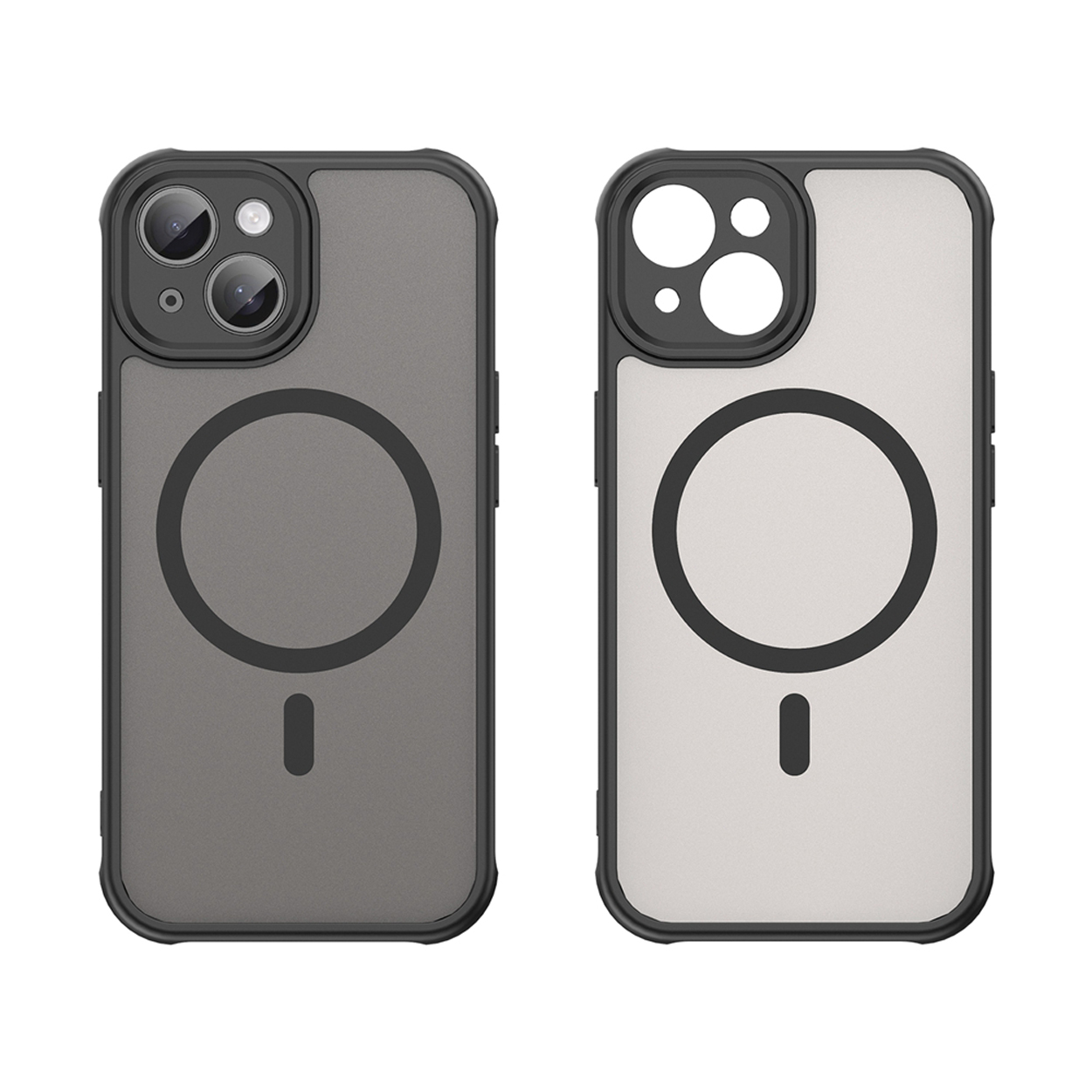 Two phone cases, gray and white, with black borders, camera cutouts, and a circular magnetic charging area.
